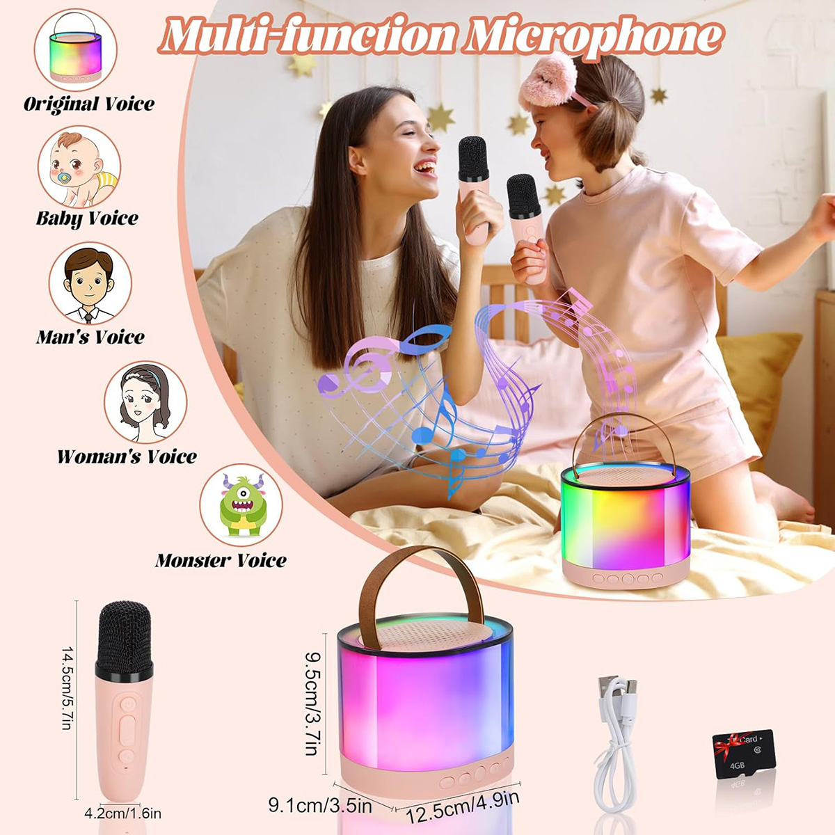 Micrófono con opciones de voz multifunción y altavoz colorido.