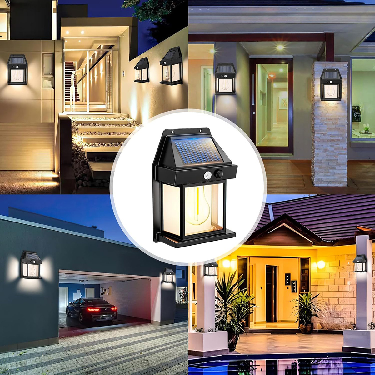 Colección de luces solares exteriores instaladas en varios entornos: paredes, garaje y entrada.