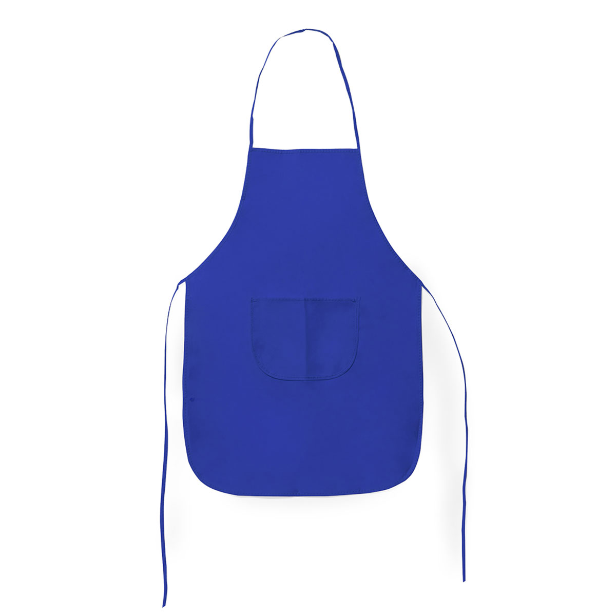 Un delantal azul liso con un bolsillo delantero y lazos largos.