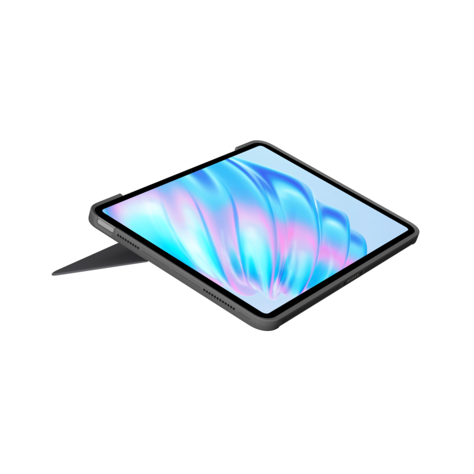 Tableta con funda sobre fondo blanco. La pantalla muestra una imagen abstracta colorida.