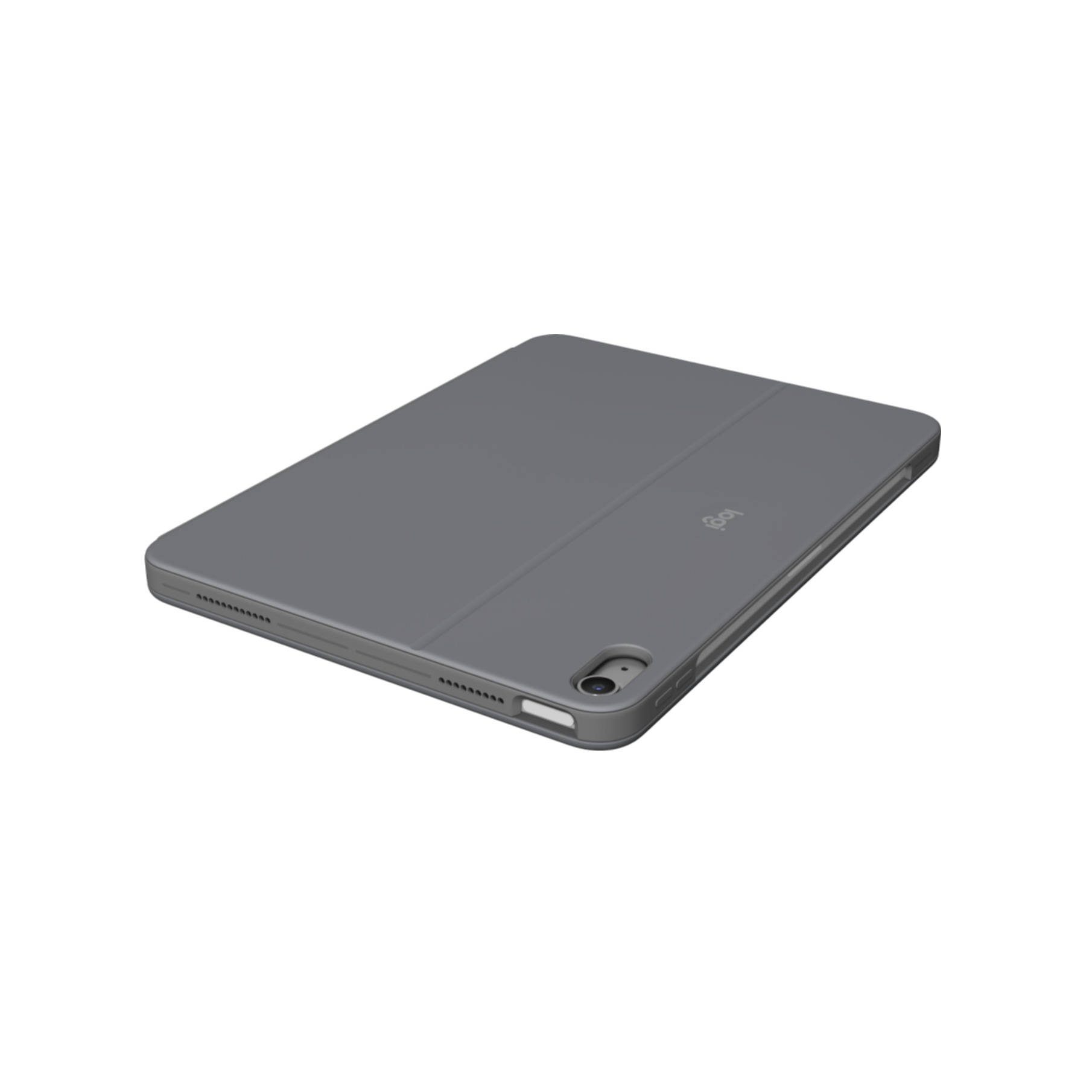 Funda gris para iPad sobre fondo blanco. La funda está cerrada, con el logo visible.