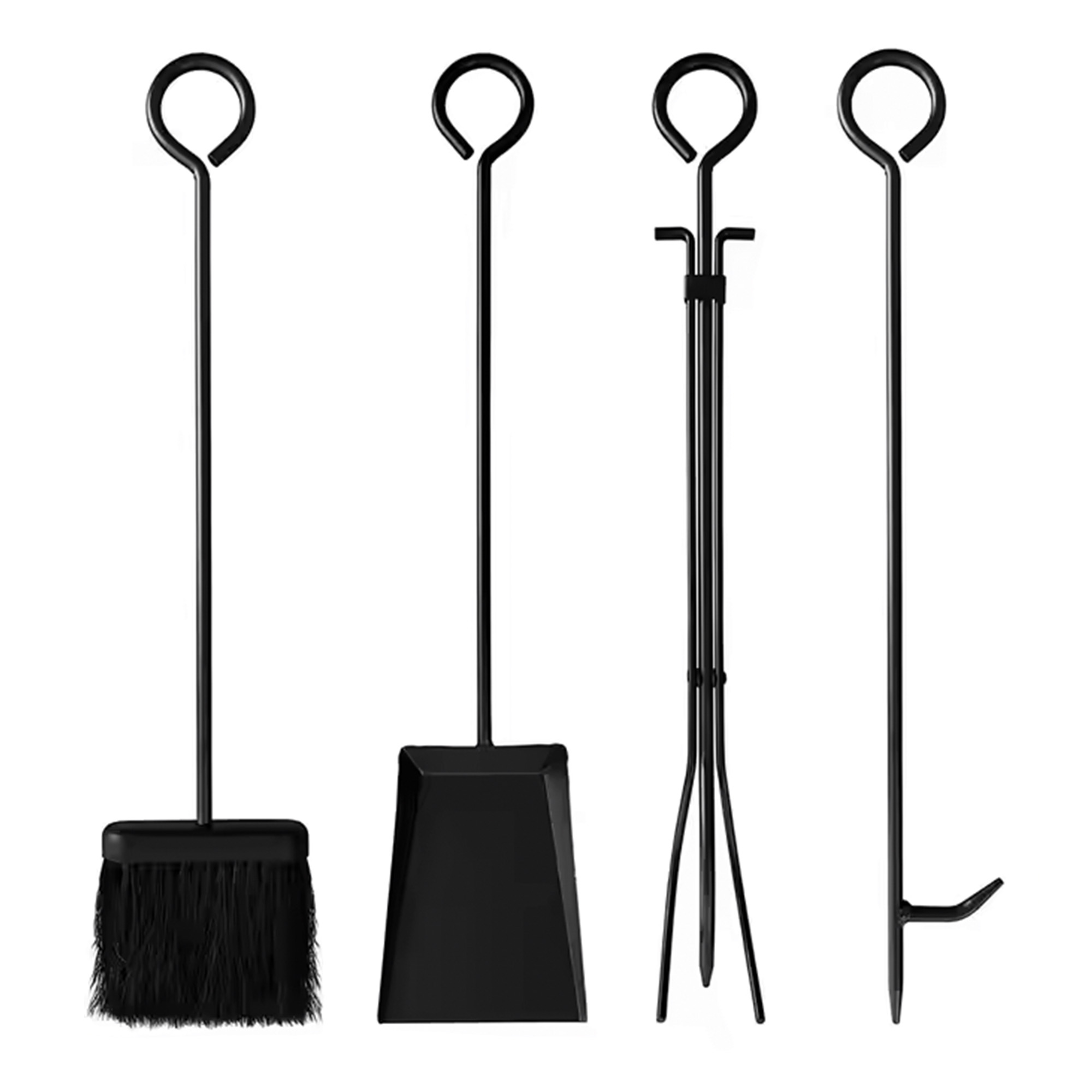 Set von schwarzen Kaminwerkzeugen: Bürste, Schaufel, Schürhaken und ein Hängewerkzeug.