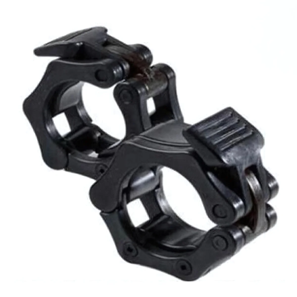 Pair of black barbell collars, open.