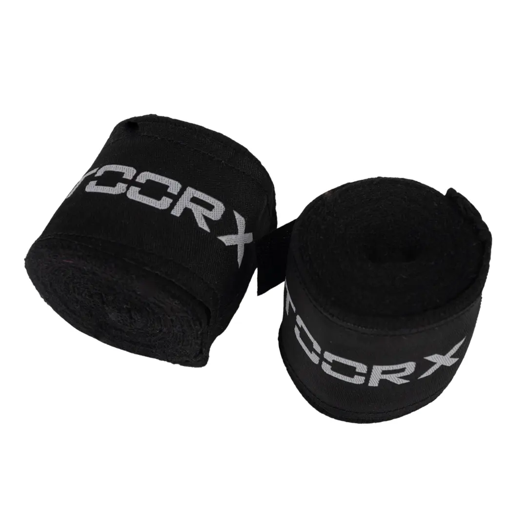 Two black hand wraps rolled up. The wraps have a white logo on them.