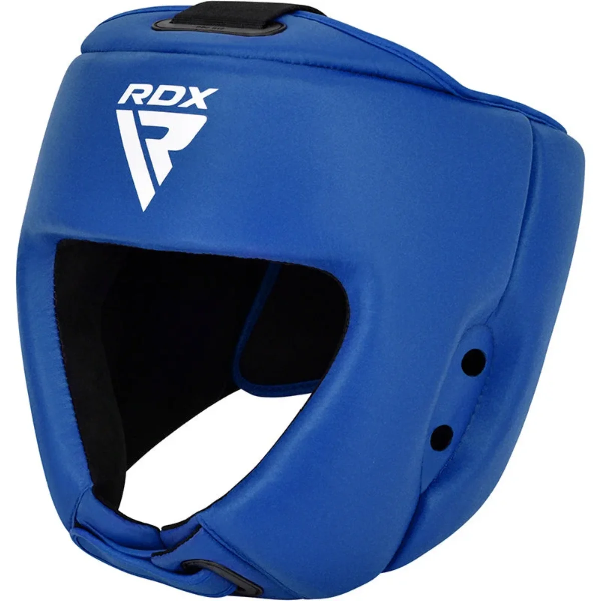 Casque de boxe bleu avec le logo blanc RDX. Il a une protection du menton et des joues.
