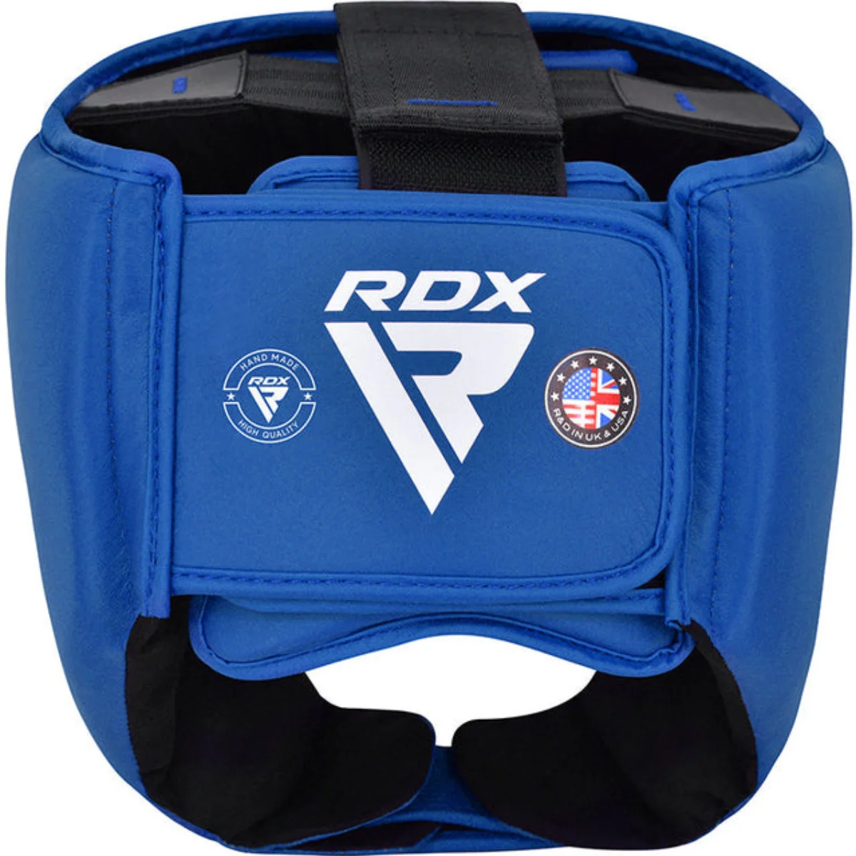 Casque de boxe bleu avec logos et sangle. Rembourrage et sangles noirs.