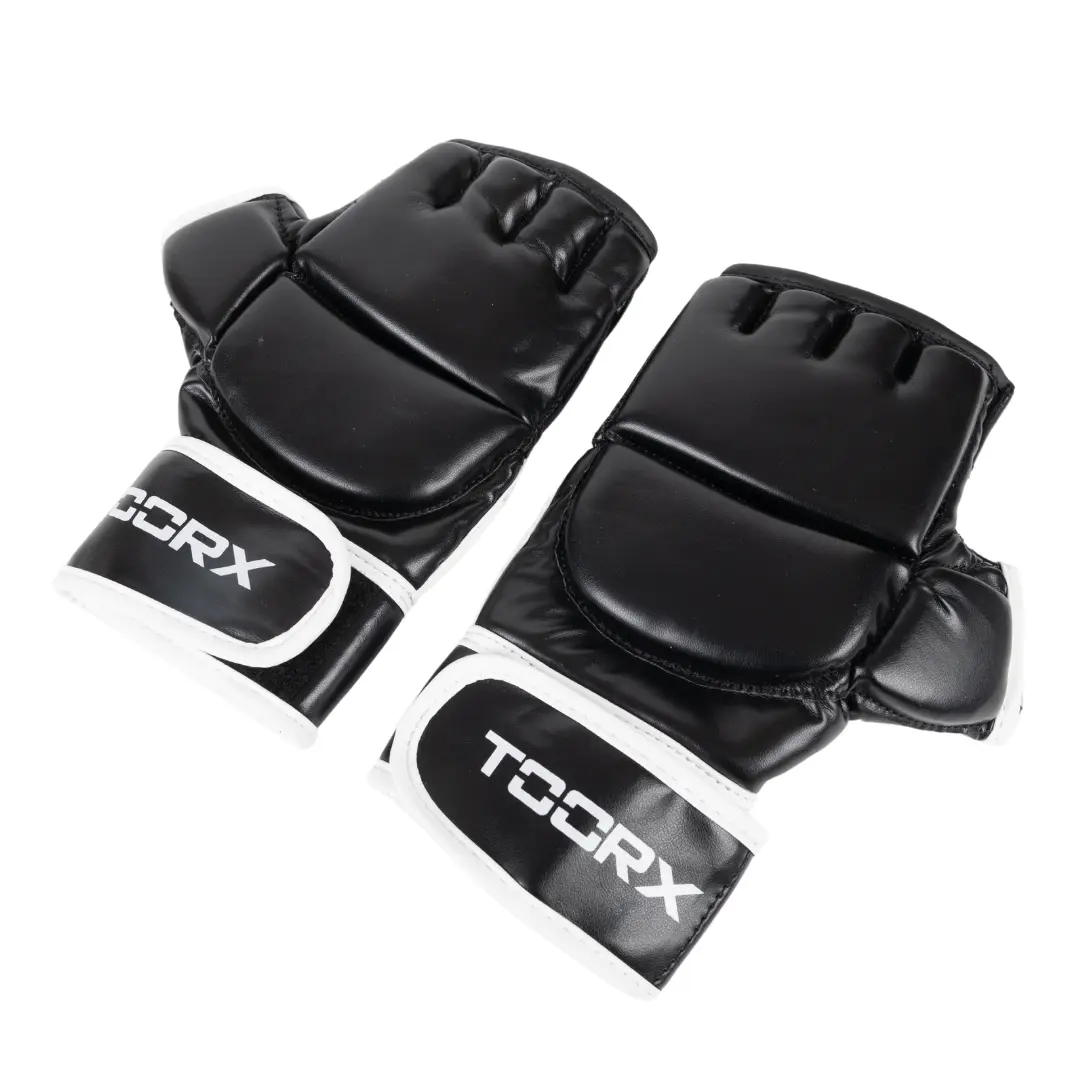 Black MMA gloves with white wrist straps, isolated on white.