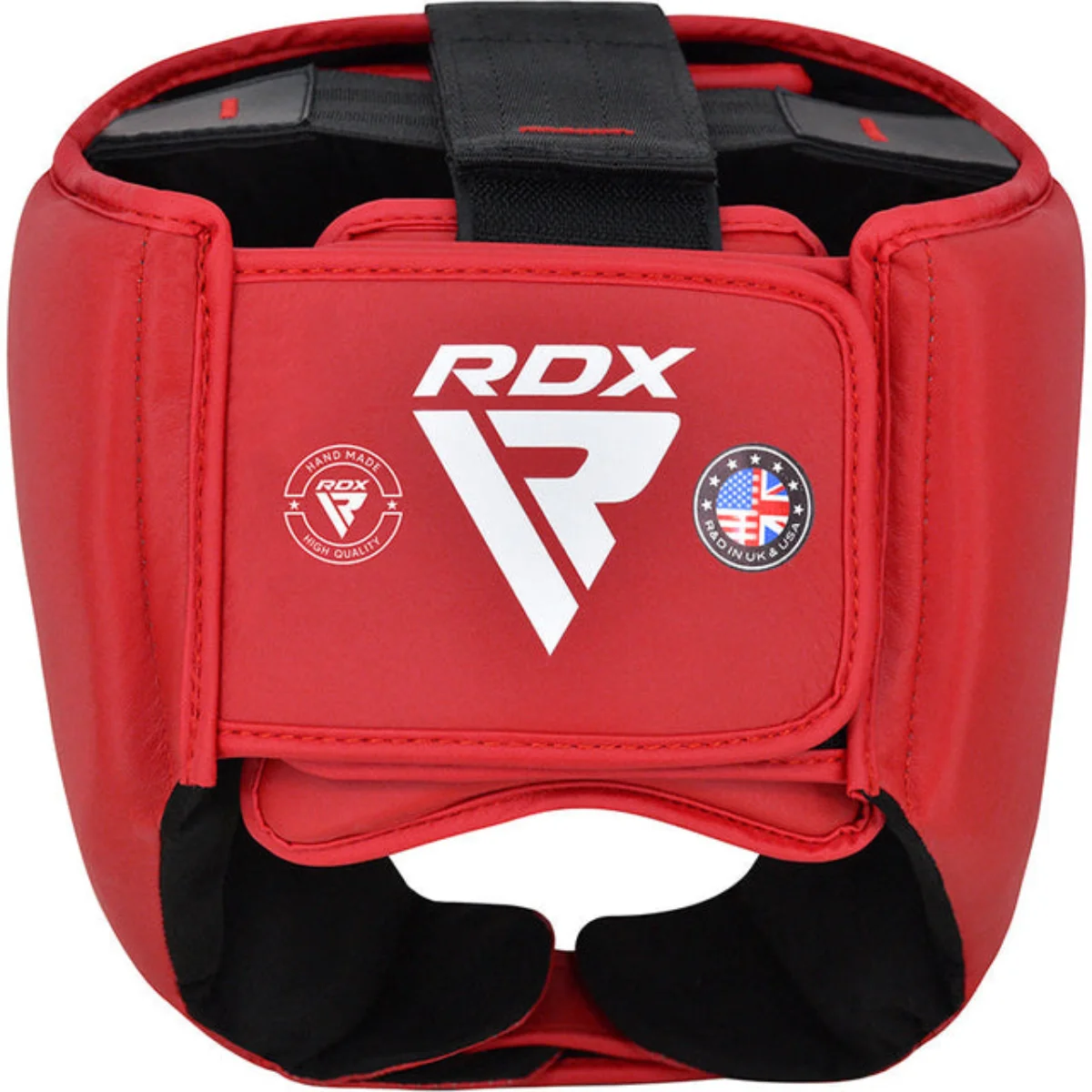 Rode bokskopbescherming met RDX-logo, een Union Jack en een USA-vlagpatch. Zwarte binnenkant.
