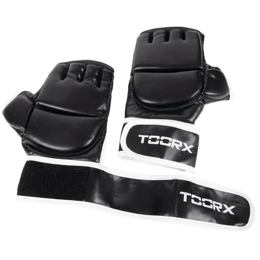 Black MMA gloves with white accents and a wrist strap. Features padding.