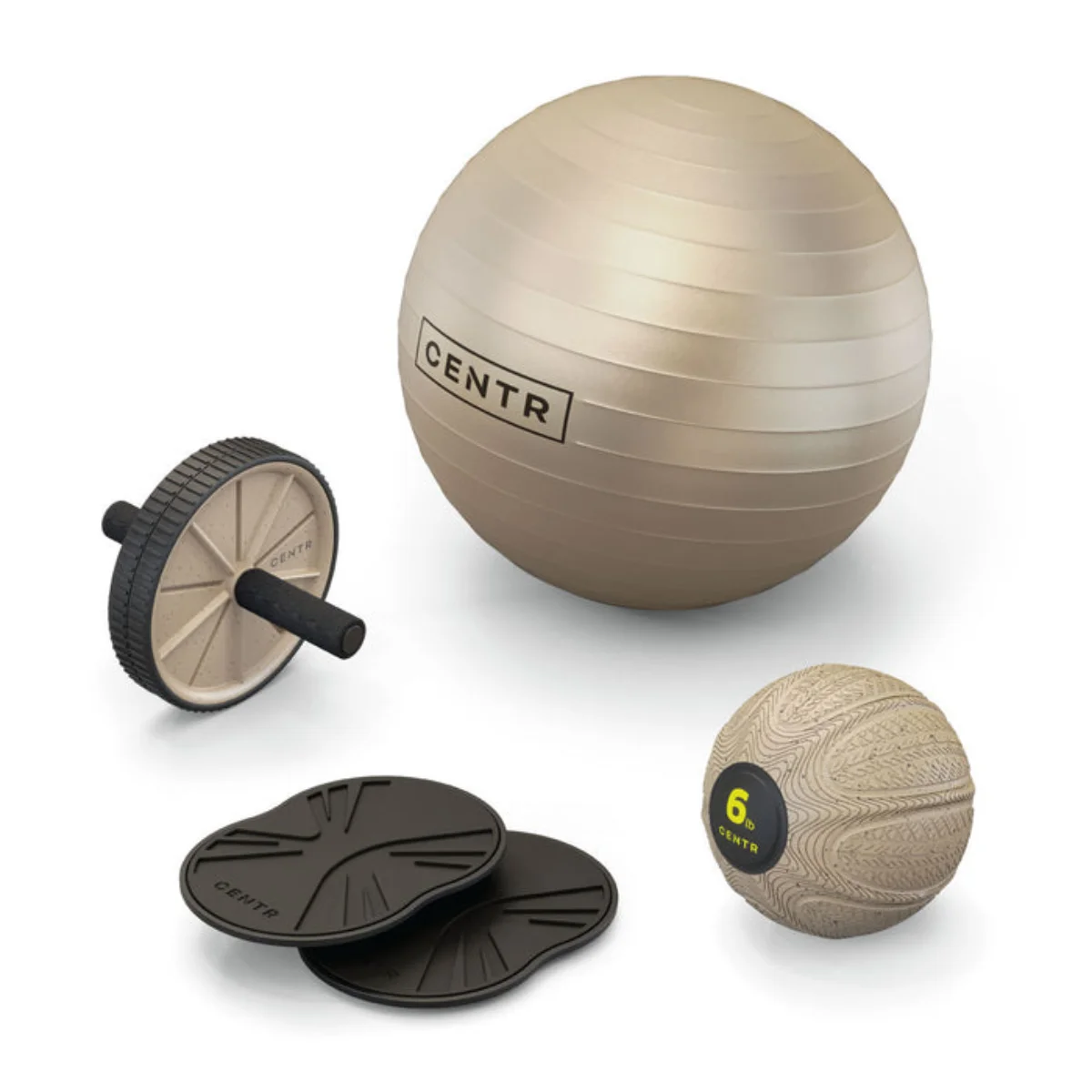 Équipement d'exercice : roue abdominale, ballon d'équilibre, deux disques noirs et une balle beige texturée, le tout sur fond blanc.