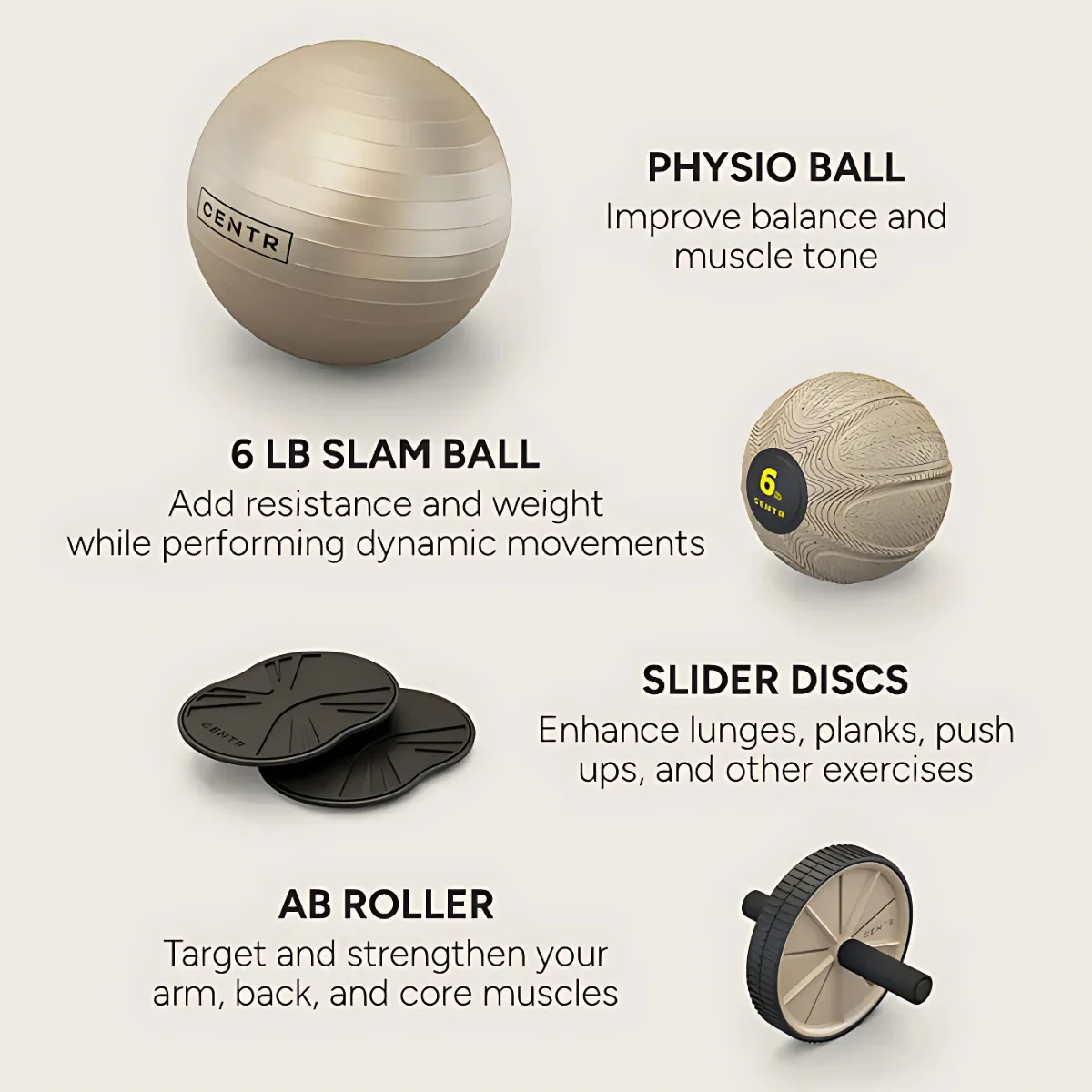 Équipement de fitness : ballon de gym, ballon lesté, disques coulissants et rouleau abdominal. Fond blanc.