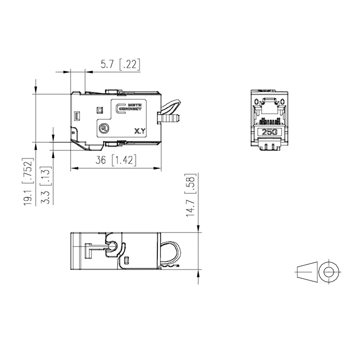 Technische Zeichnung eines Steckverbinders, die Abmessungen und Details aus verschiedenen Winkeln zeigt.