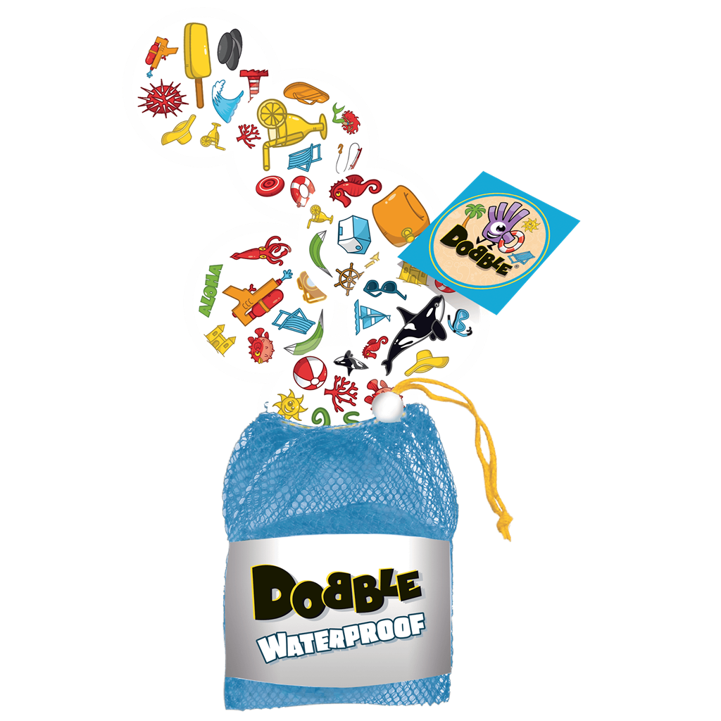 Niebieska siatkowa torba wypełniona elementami gier plażowych i kartą do gry.