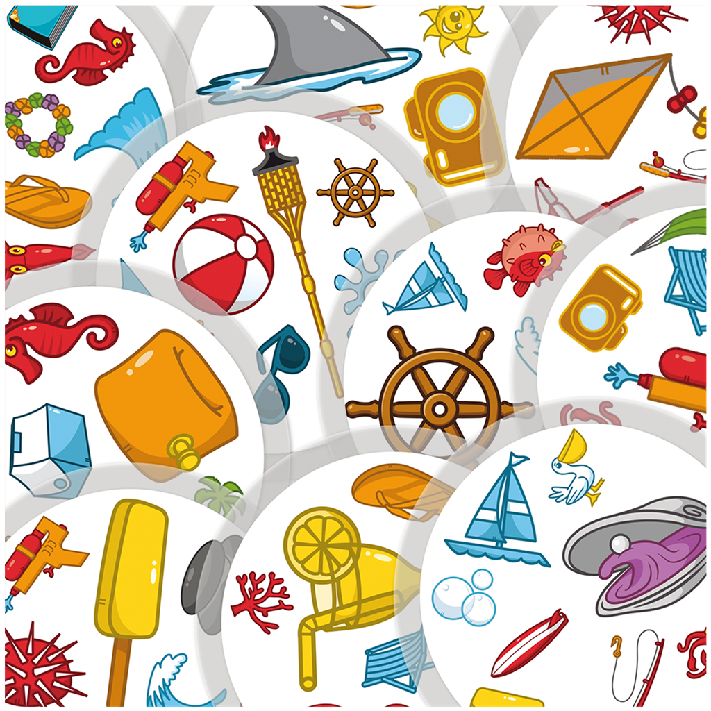 Kolaż różnych obrazów z kreskówek o tematyce plażowej na białym tle.