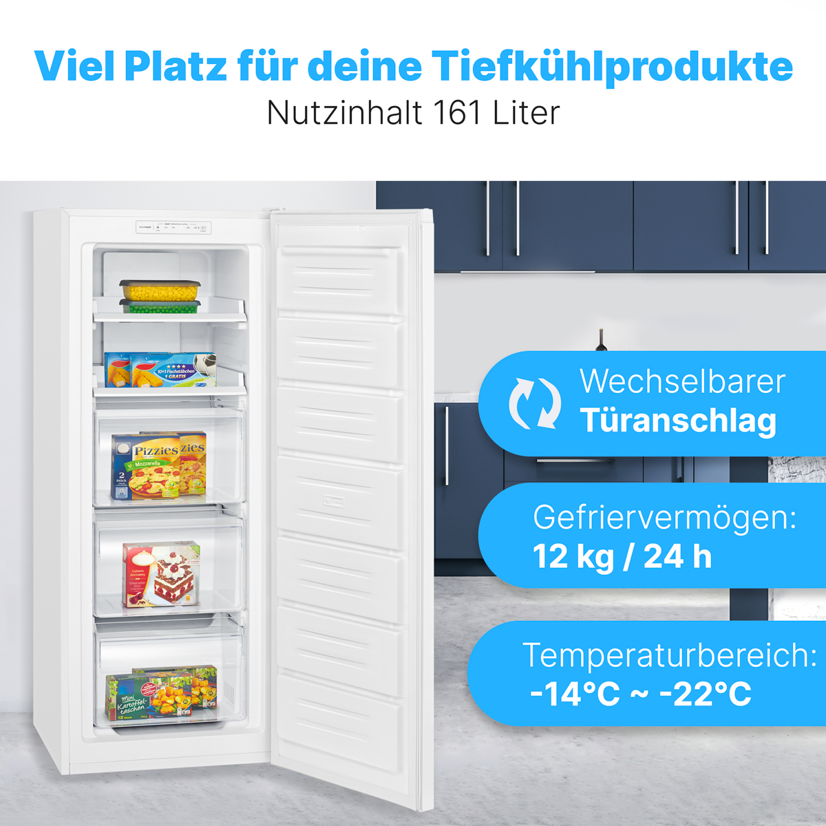 Weißer Gefrierschrank, Tür offen, mit Essen darin. Text rechts. Weißer Hintergrund.