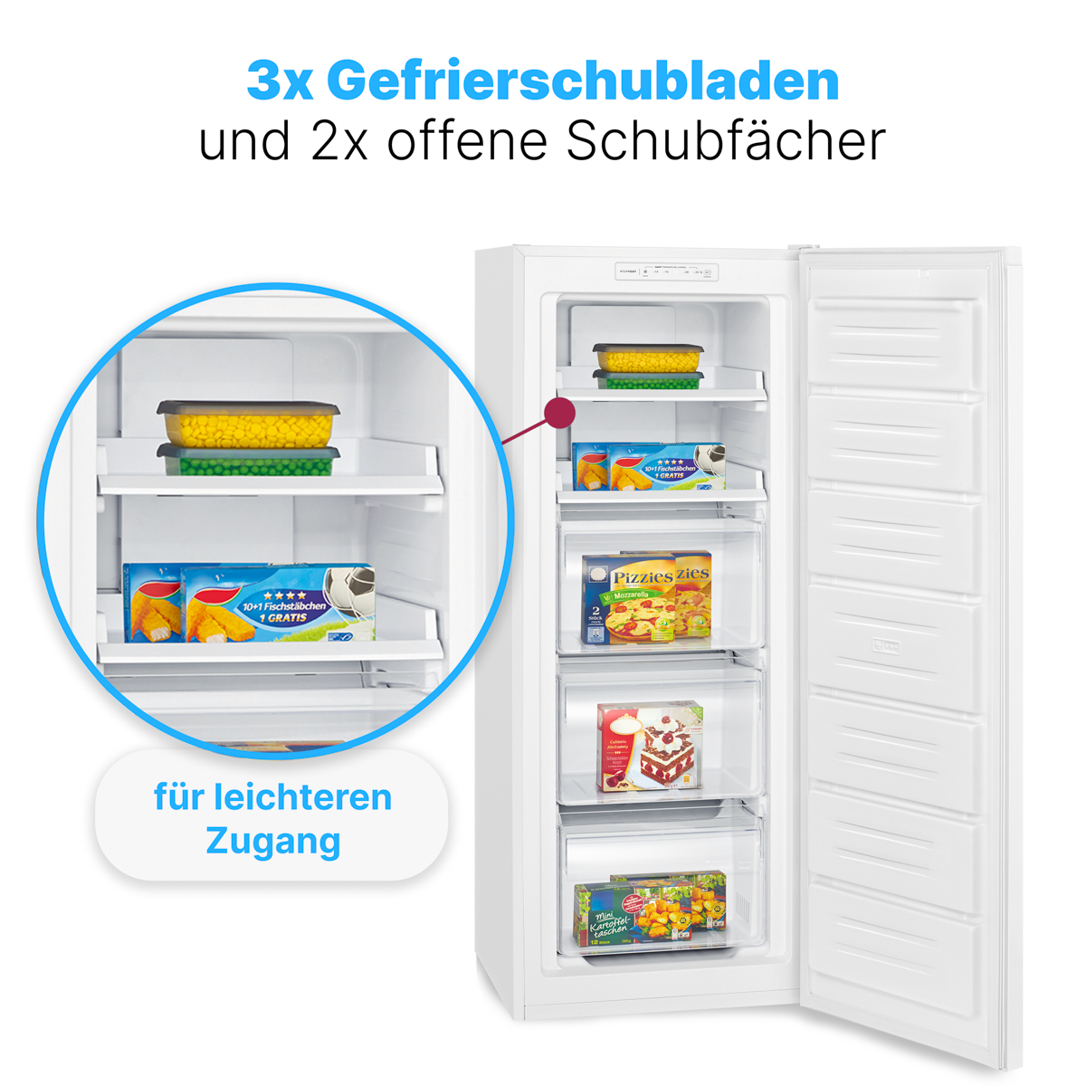 Weißer Gefrierschrank mit offener Tür, zeigt Tiefkühlkost in Schubladen. Text und Etiketten sichtbar.