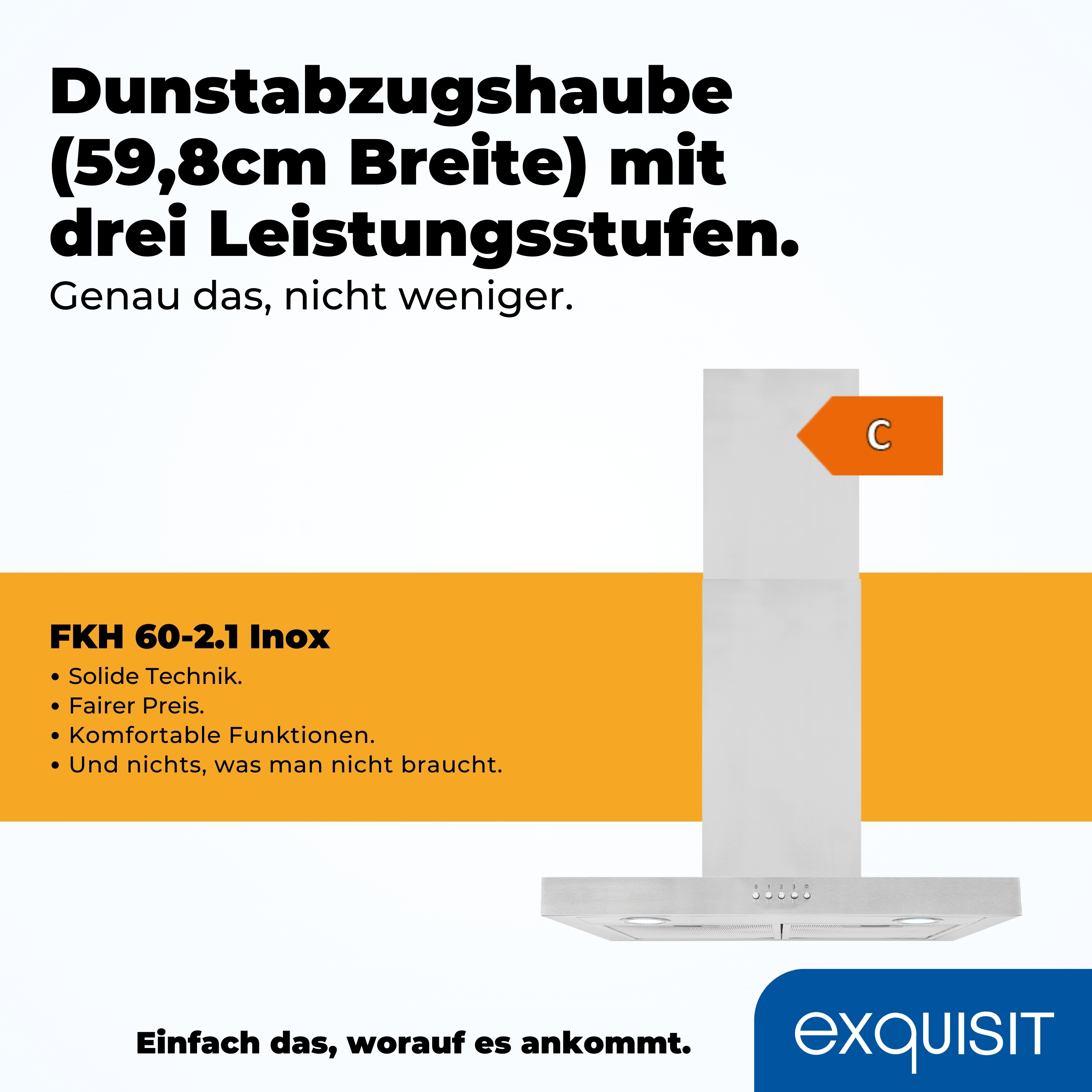 Weiße Dunstabzugshaube mit Text und Logo, auf weißem Hintergrund.