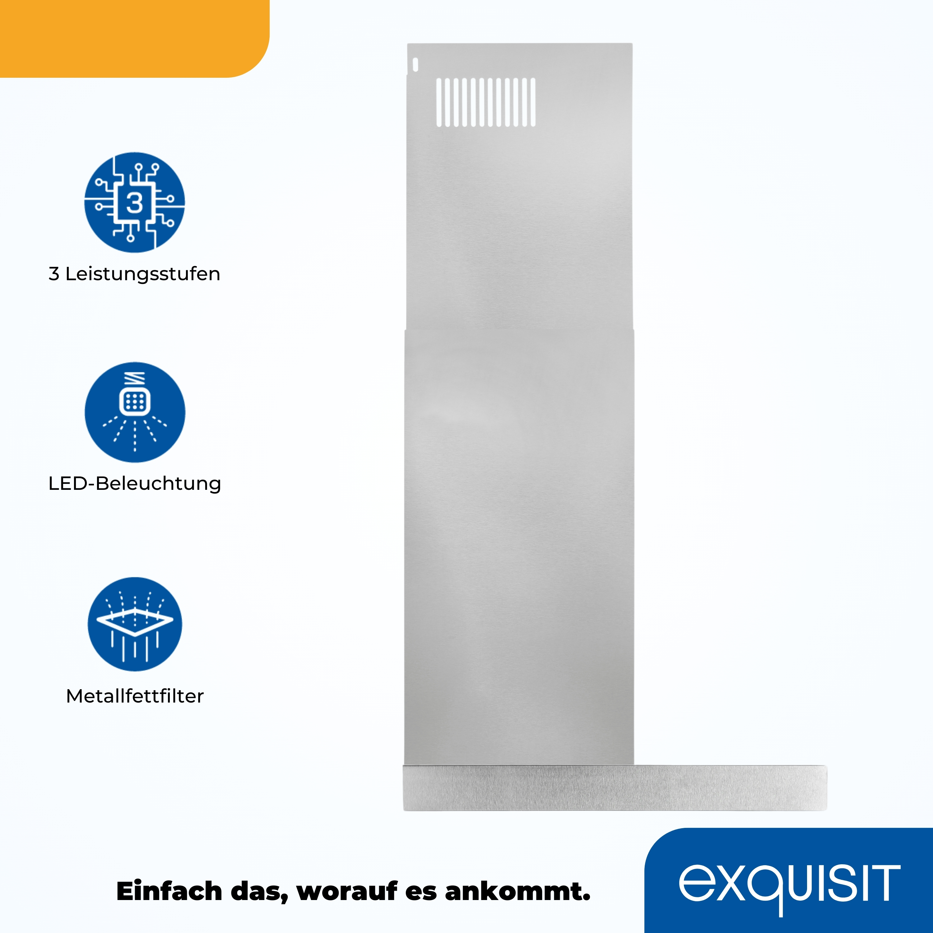 Eine Dunstabzugshaube aus Edelstahl mit modernem Design. Mit drei Symbolen und deutschem Text.