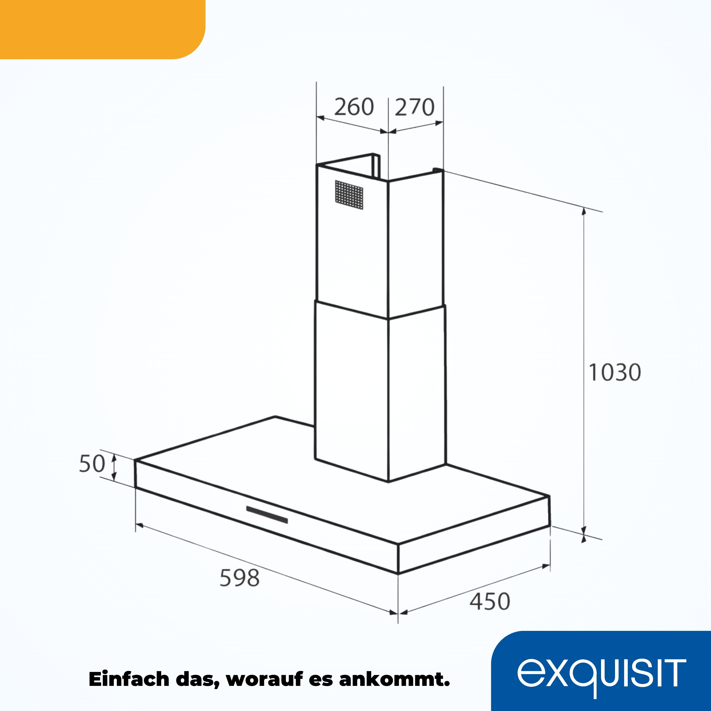 Diagramm einer Dunstabzugshaube mit Maßen und dem Markennamen 'exquisit'.