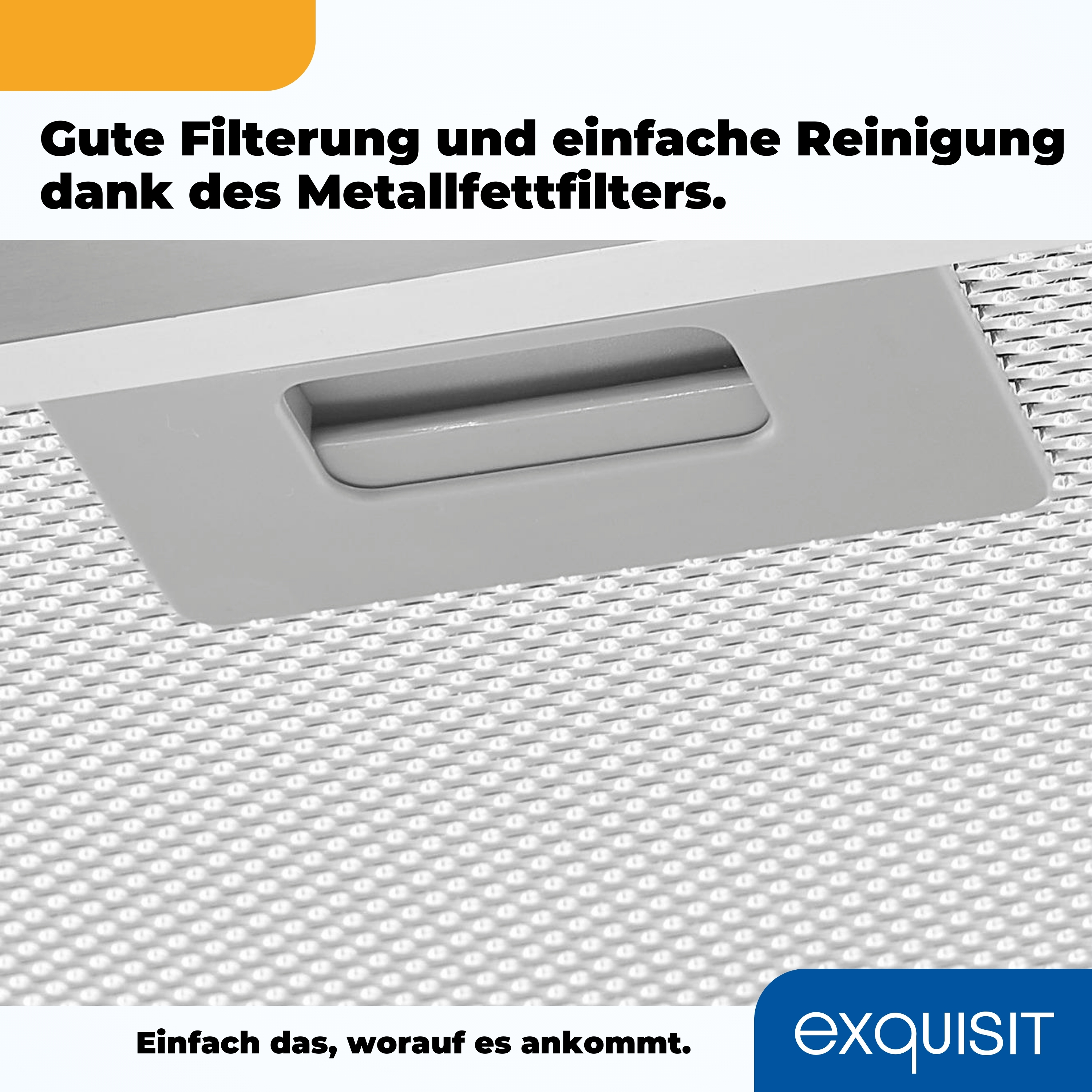 Nahaufnahme eines weißen Filters mit Metallgewebe und deutschem Text.