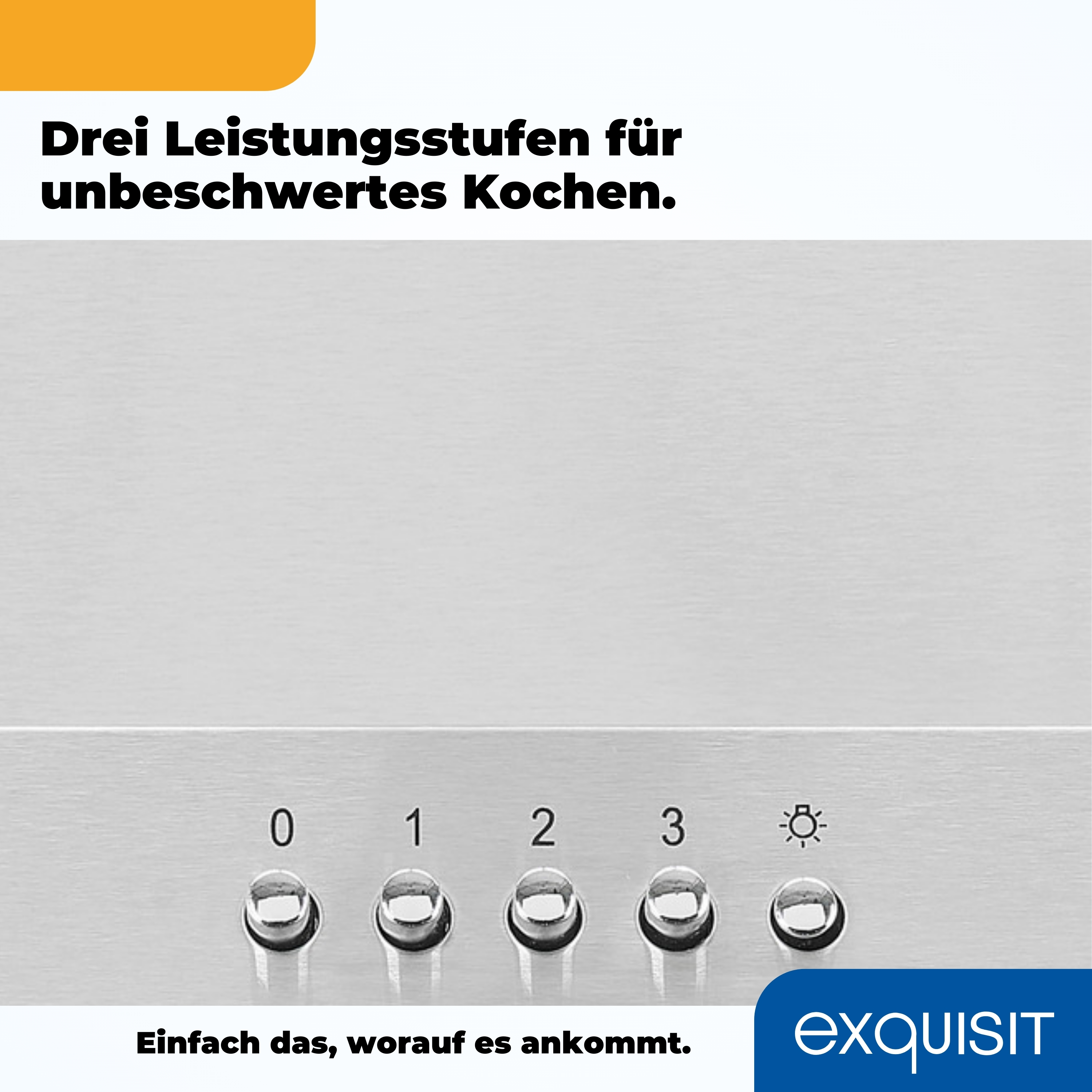 Nahaufnahme eines Dunstabzugshauben-Bedienfelds. Tasten mit der Aufschrift 0-3 und ein Lichtsymbol.