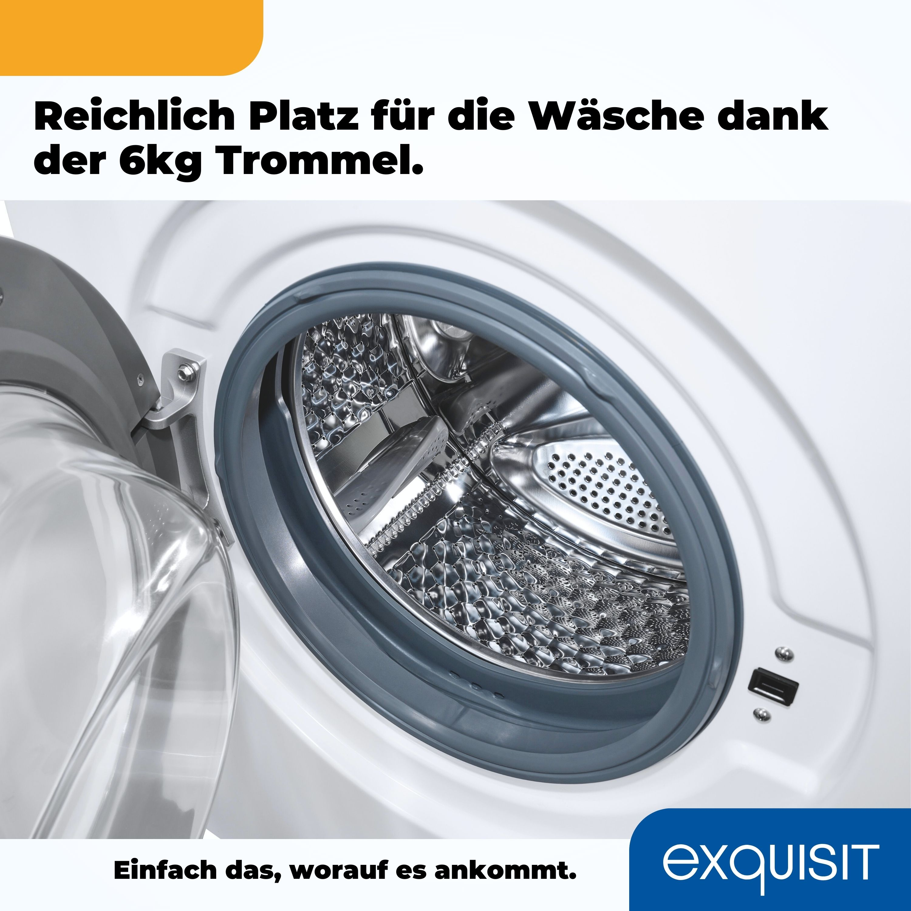 Eine offene Waschmaschinentrommel mit geöffneter Tür.