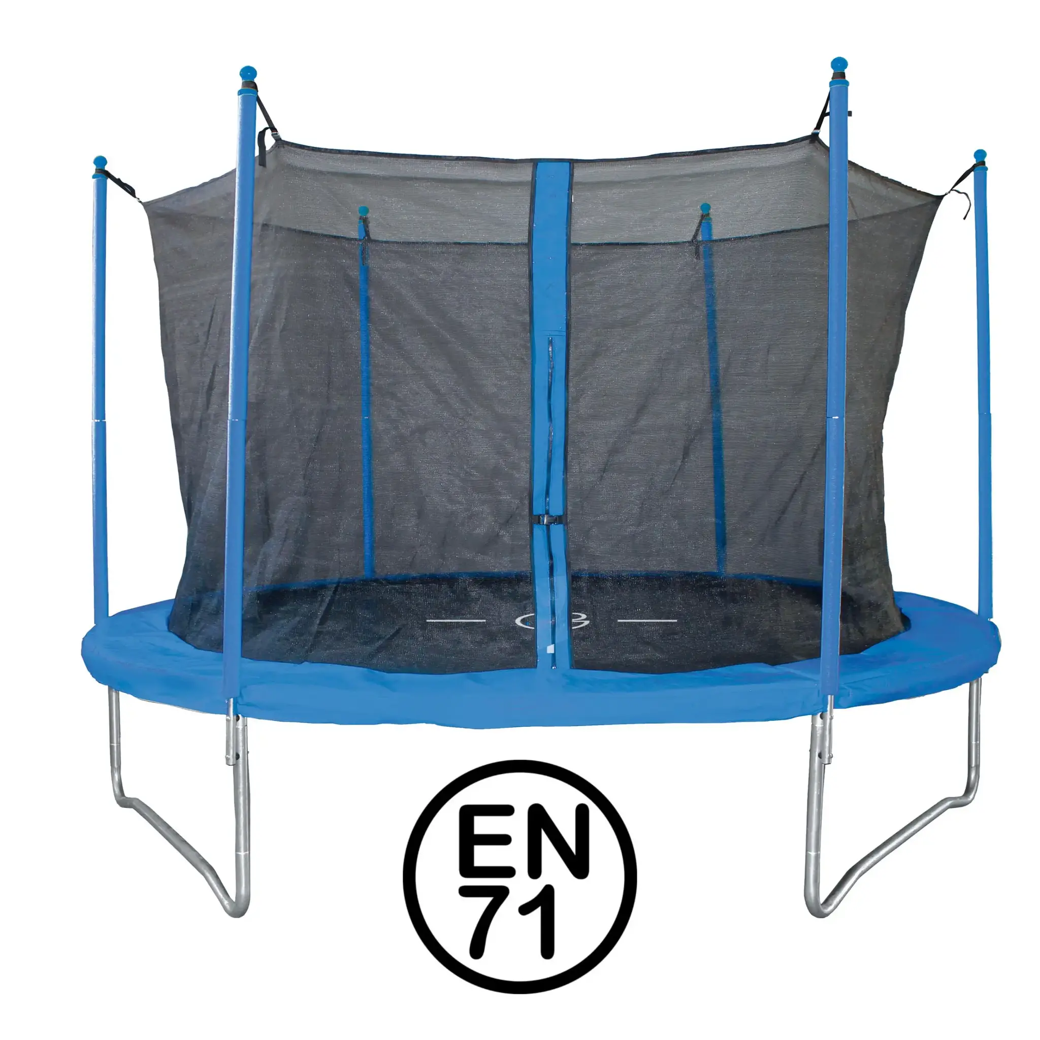 Un trampoline bleu avec un filet noir et un autocollant vert 'EN 71'.