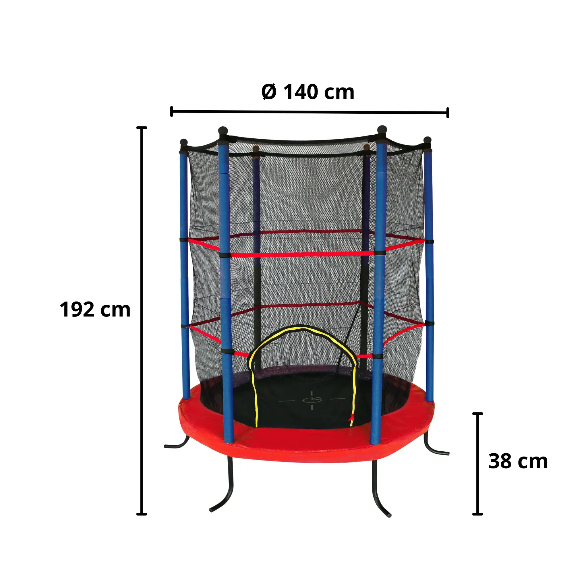 Een rode trampoline met zwart net, ondersteund door blauwe en rode palen, op een witte achtergrond.