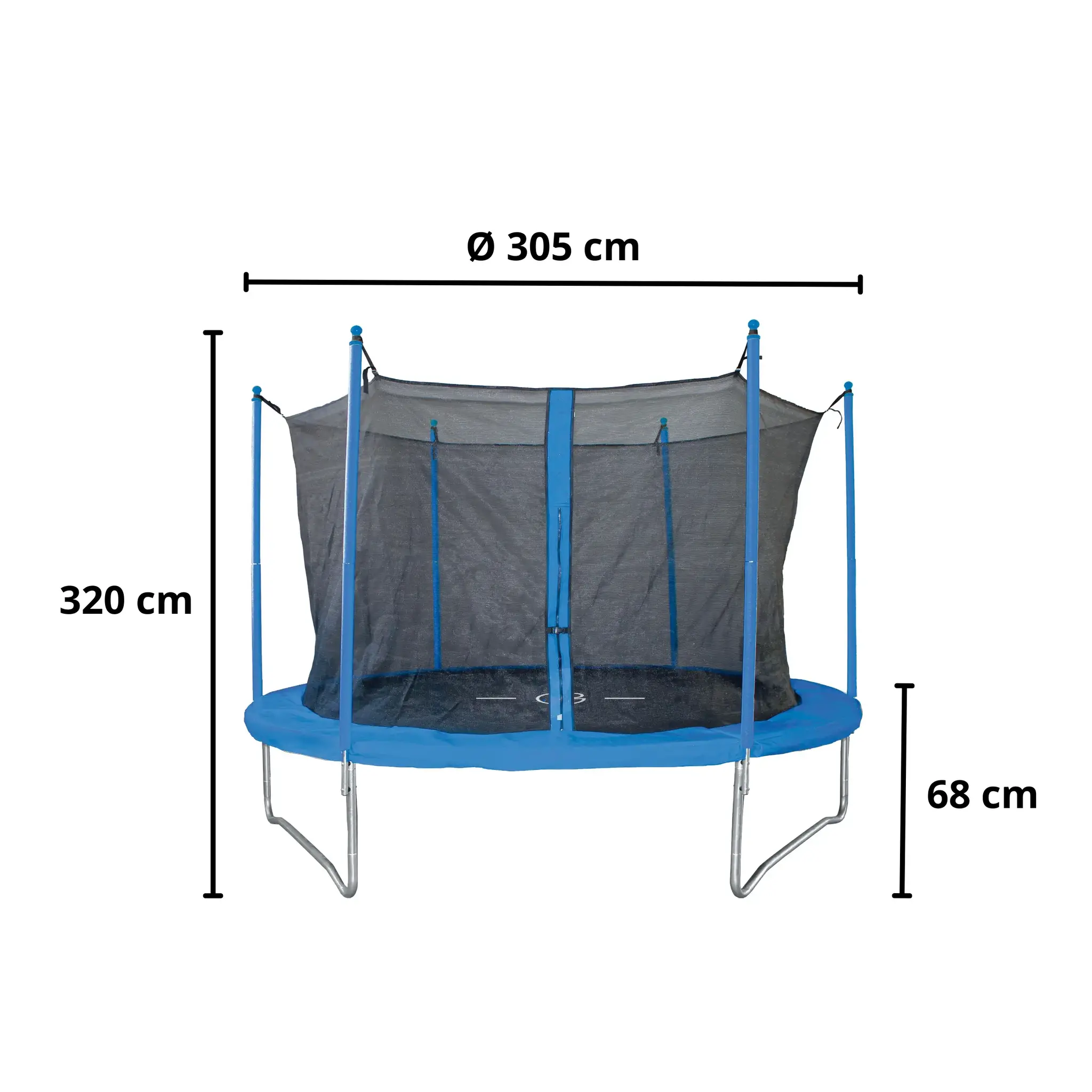 Un trampoline bleu avec filet de sécurité, avec dimensions indiquées.