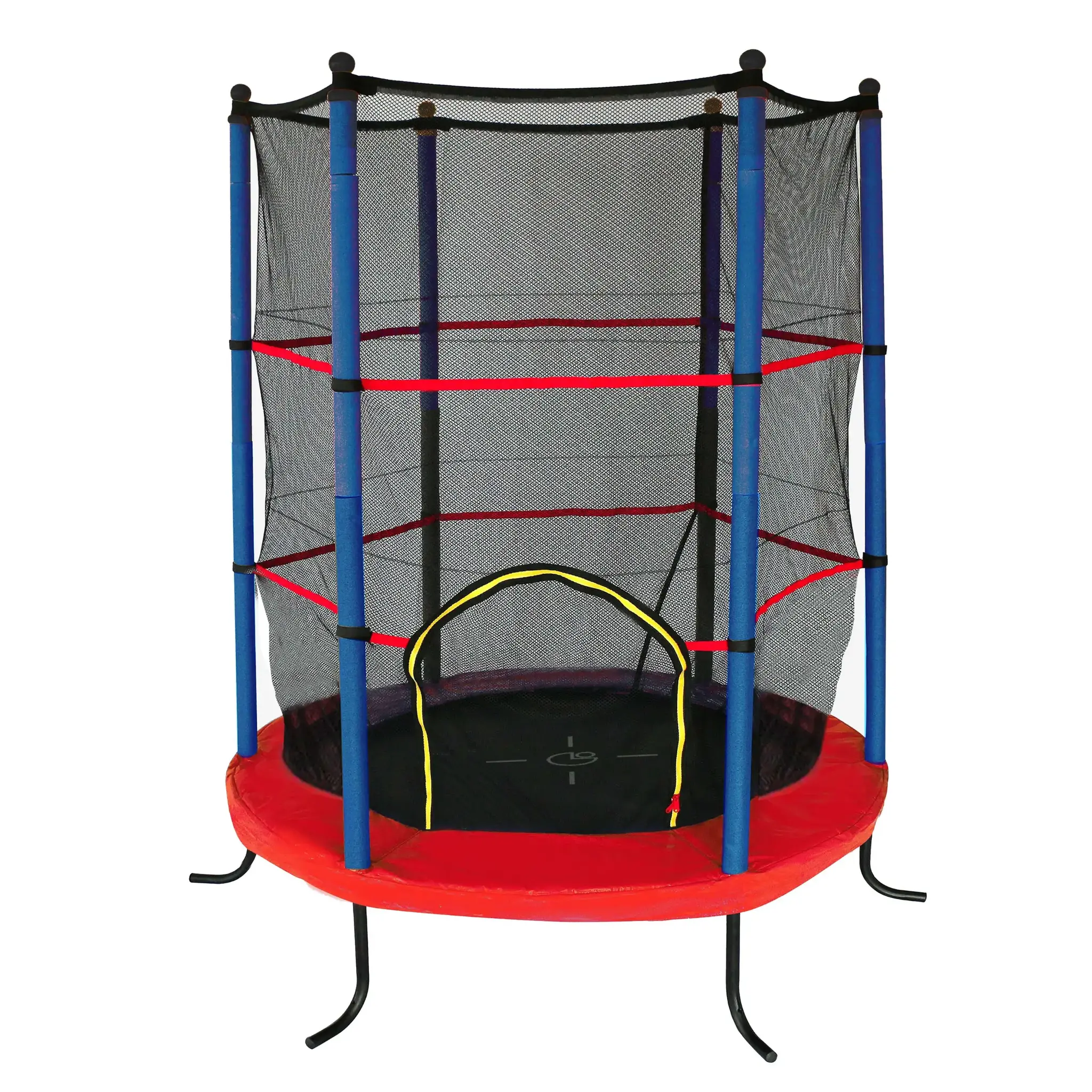 Kleine rode trampoline met blauwe en rode steunen, zwart net.