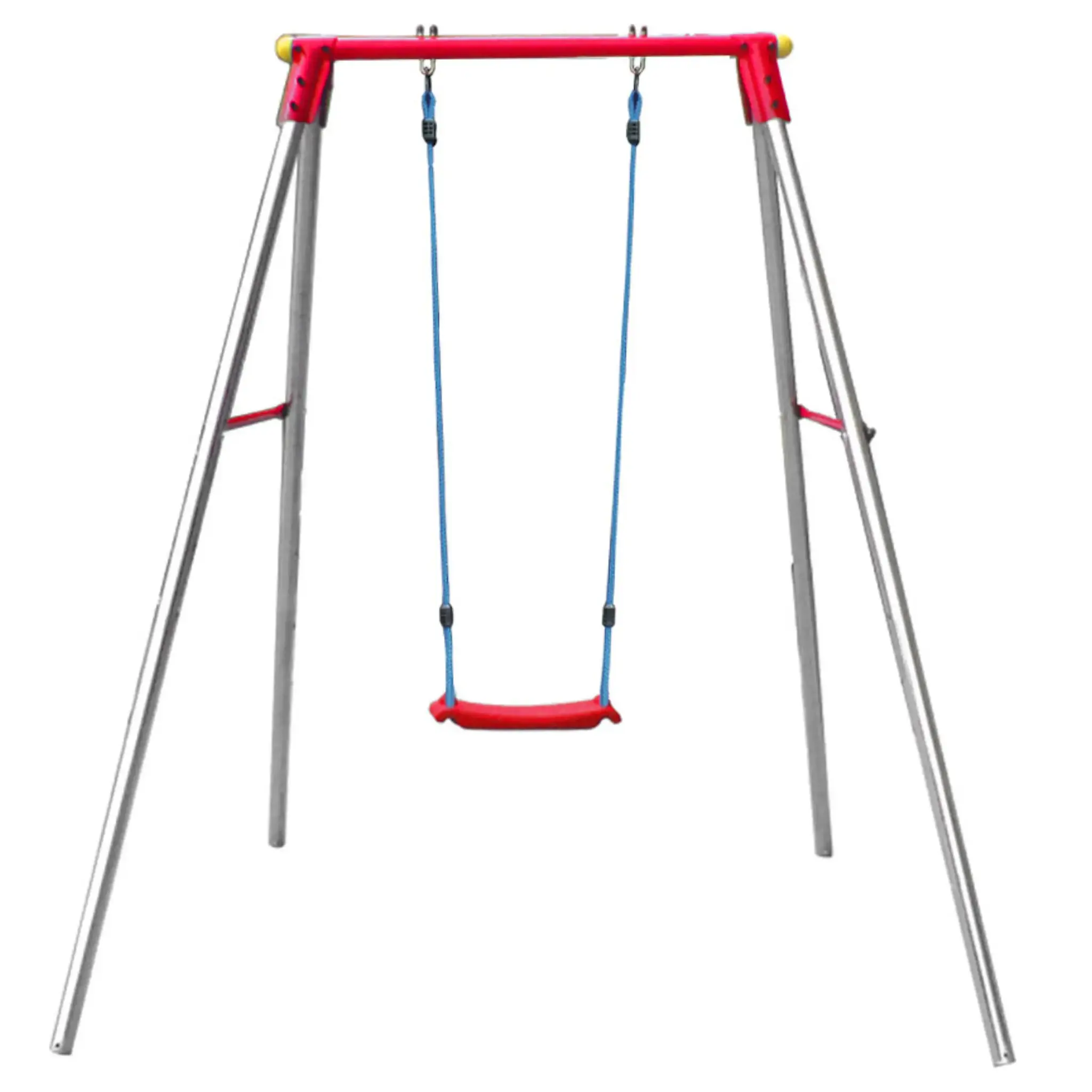 Metalen schommel, rood en zilver. Het heeft een rode schommelstoel met blauwe touwen.