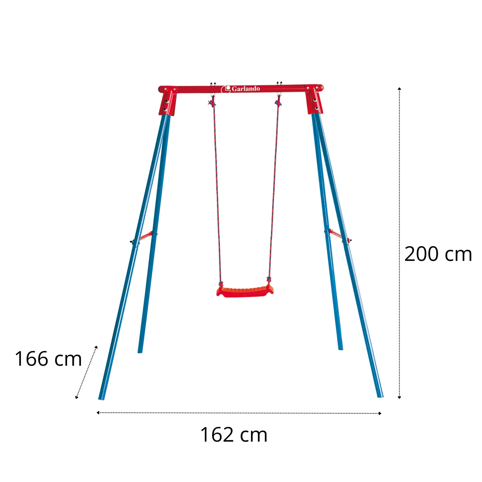 Een rode schommel met blauwe steunen. Afmetingen: 166 cm x 162 cm x 200 cm.