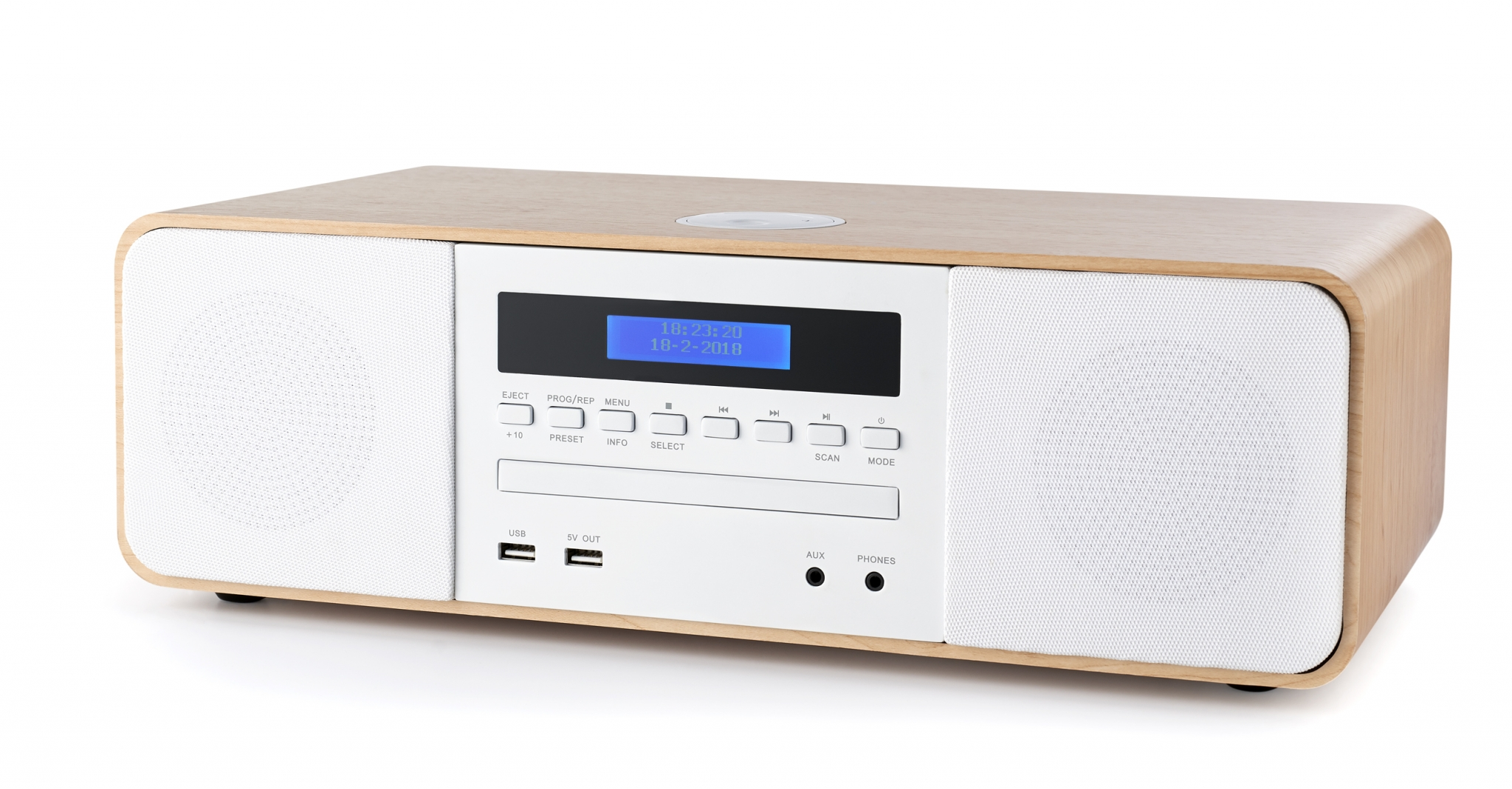 Drewniane radio z cyfrowym wyświetlaczem i przyciskami. Głośniki są po obu stronach.