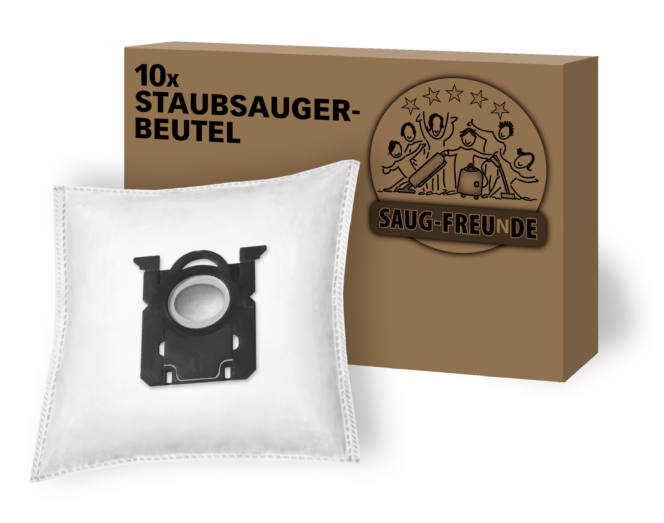 Staubsaugerbeutel und eine Box mit Cartoonfiguren darauf.
