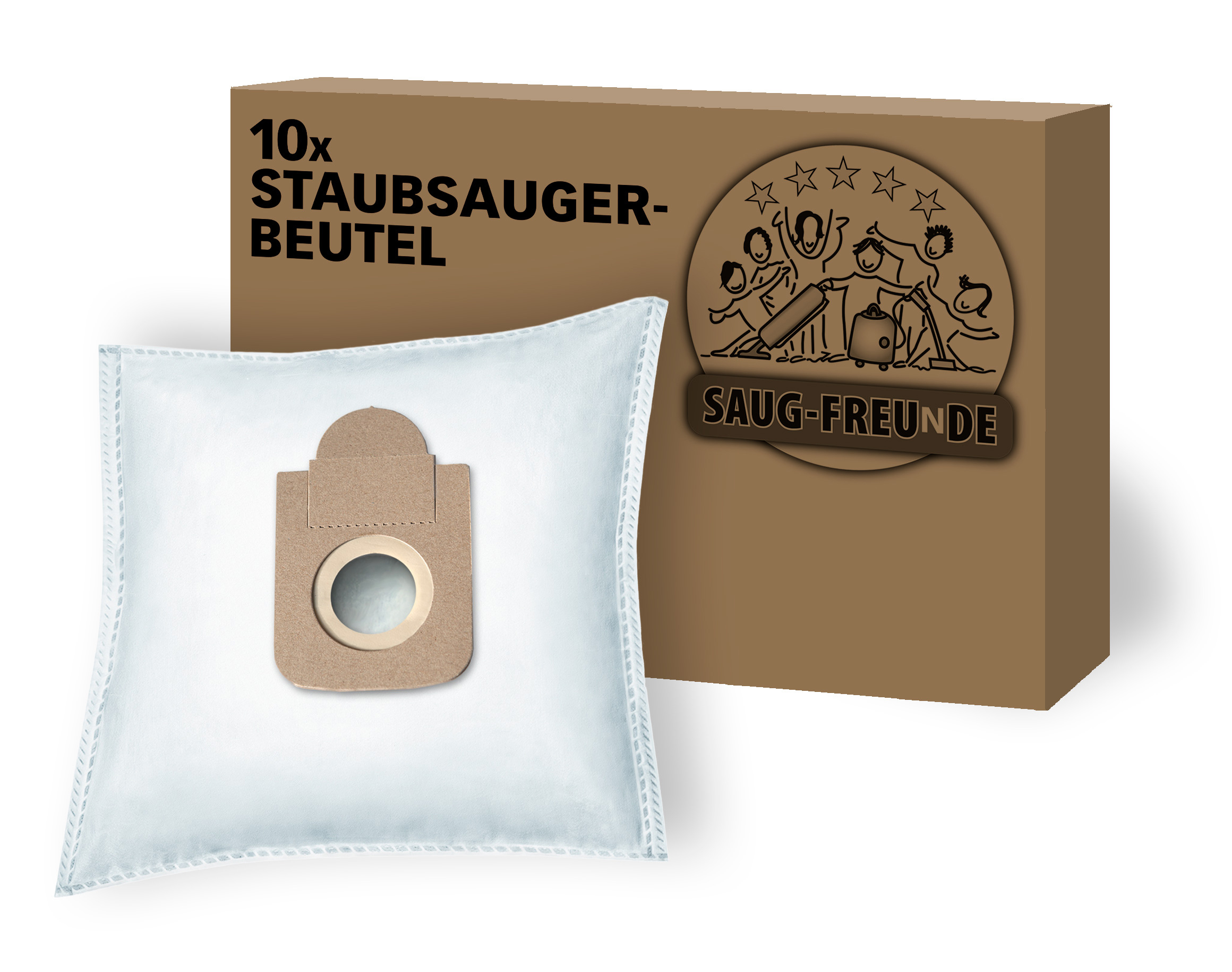 Staubsaugerbeutel und ein Karton. Auf der Box steht '10x STAUBSAUGERBEUTEL' und ein Logo.