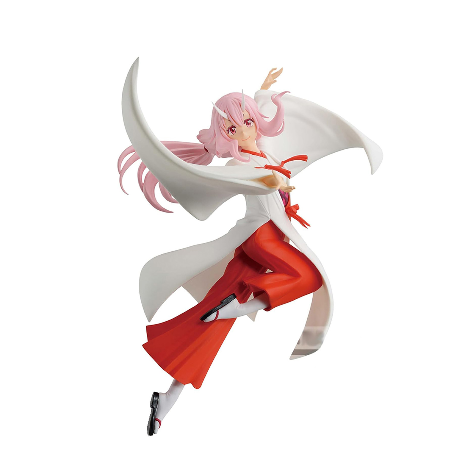 Anime-Figur mit rosa Haaren und fließendem weißen Gewand. Rote Hose. Weißer Hintergrund.