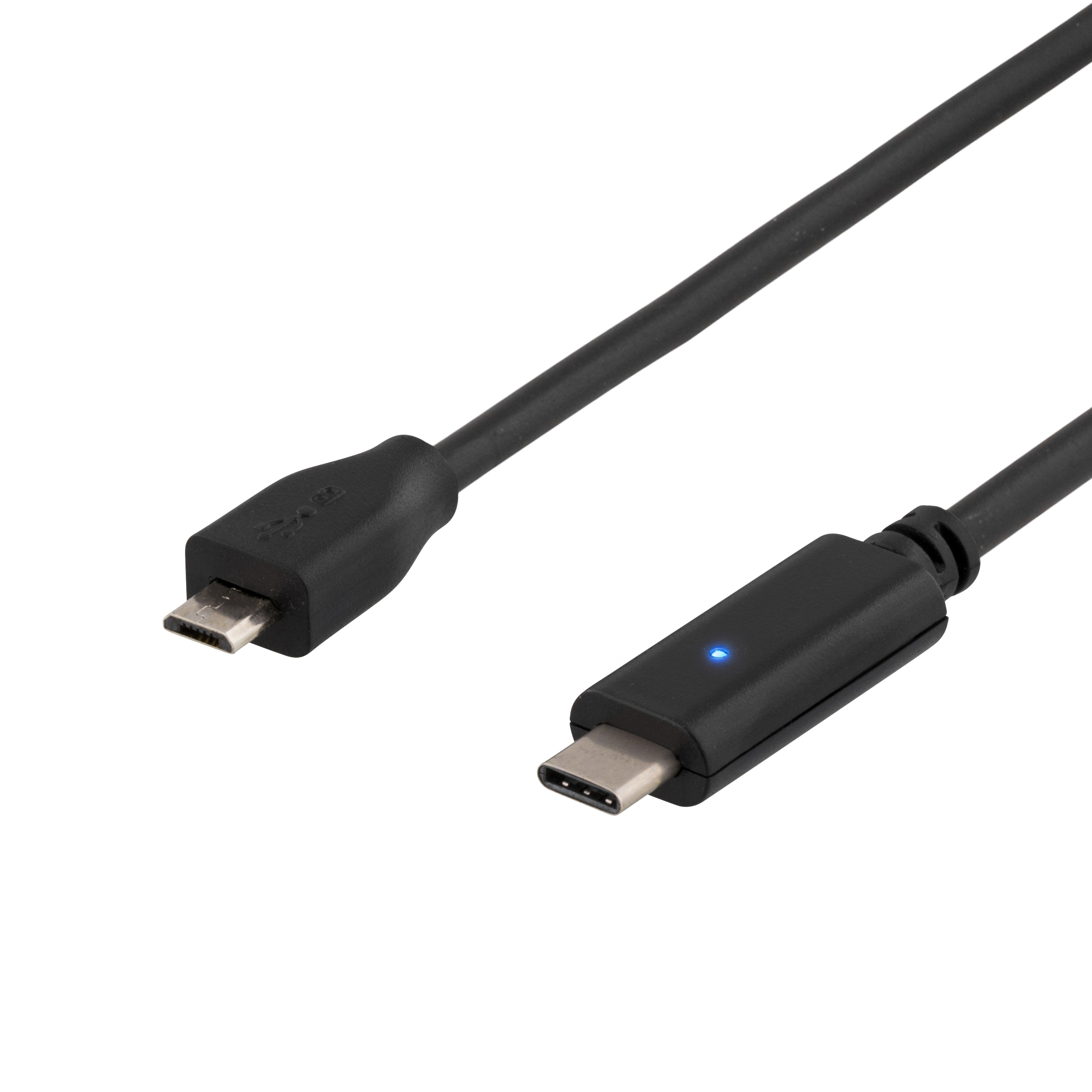 Cavo USB-C nero. Un'estremità è USB-C, l'altra micro-USB. Sfondo bianco.
