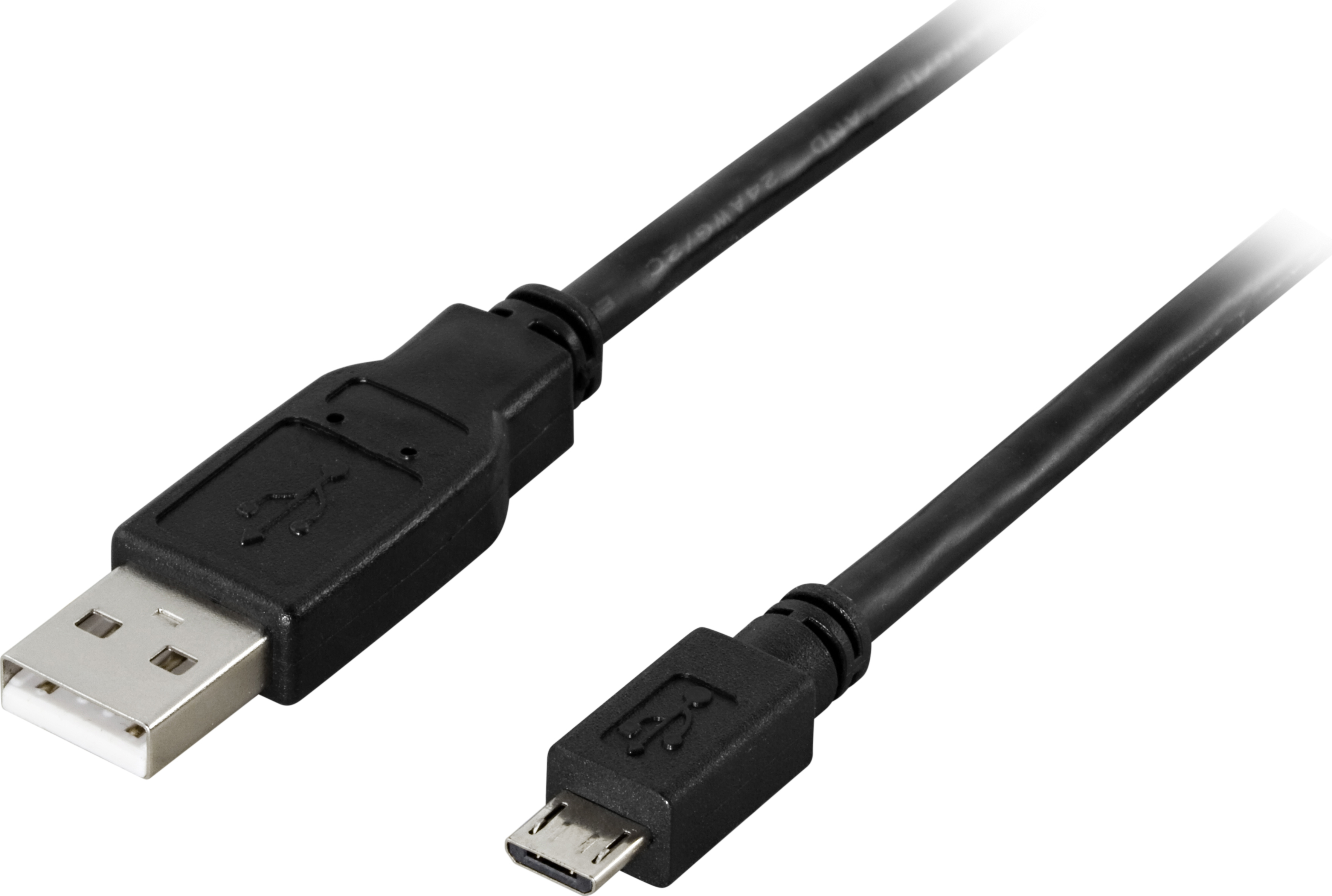 Schwarzes USB-Kabel mit USB- und Micro-USB-Anschlüssen.