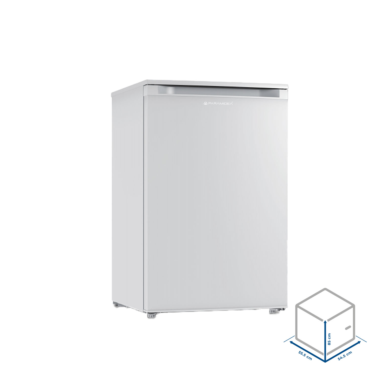 Un piccolo frigorifero bianco PARAMOUNT, con dimensioni mostrate, isolato su uno sfondo bianco.