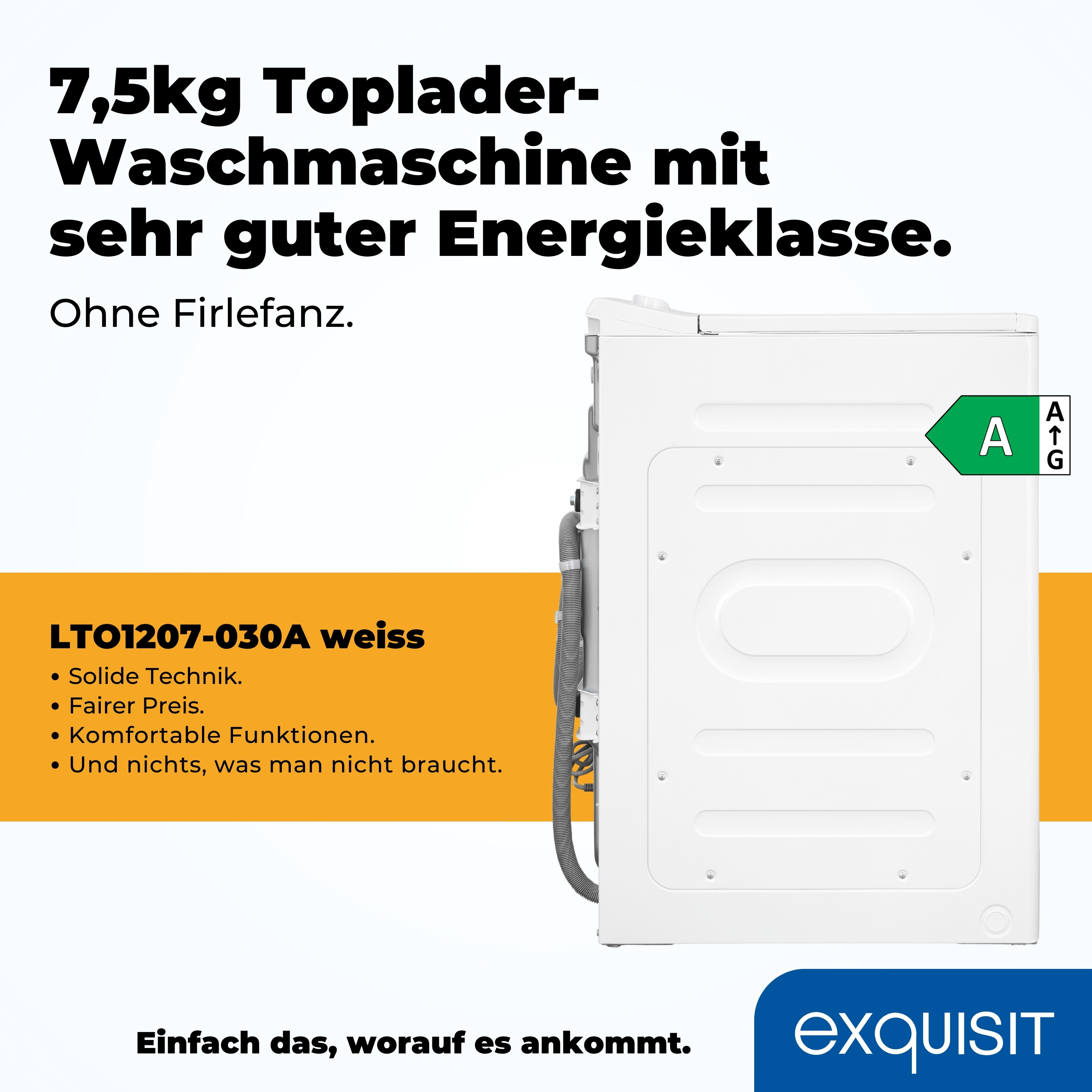 Weiße Waschmaschine mit grünem Energielabel, Text auf Deutsch.