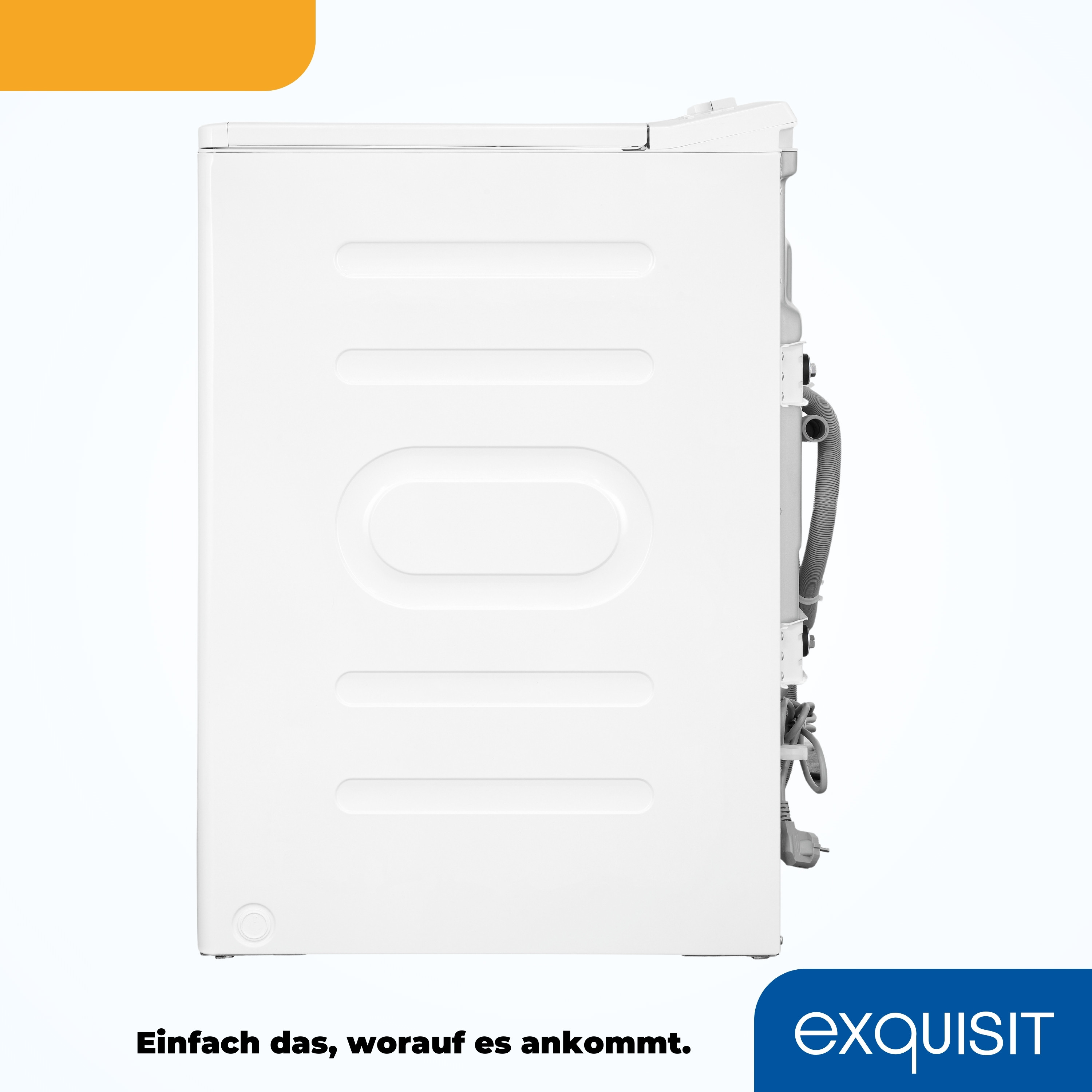 Weiße Waschmaschine, Seitenansicht, mit einfachem Design und dem Text: 'Einfach das, worauf es ankommt.'