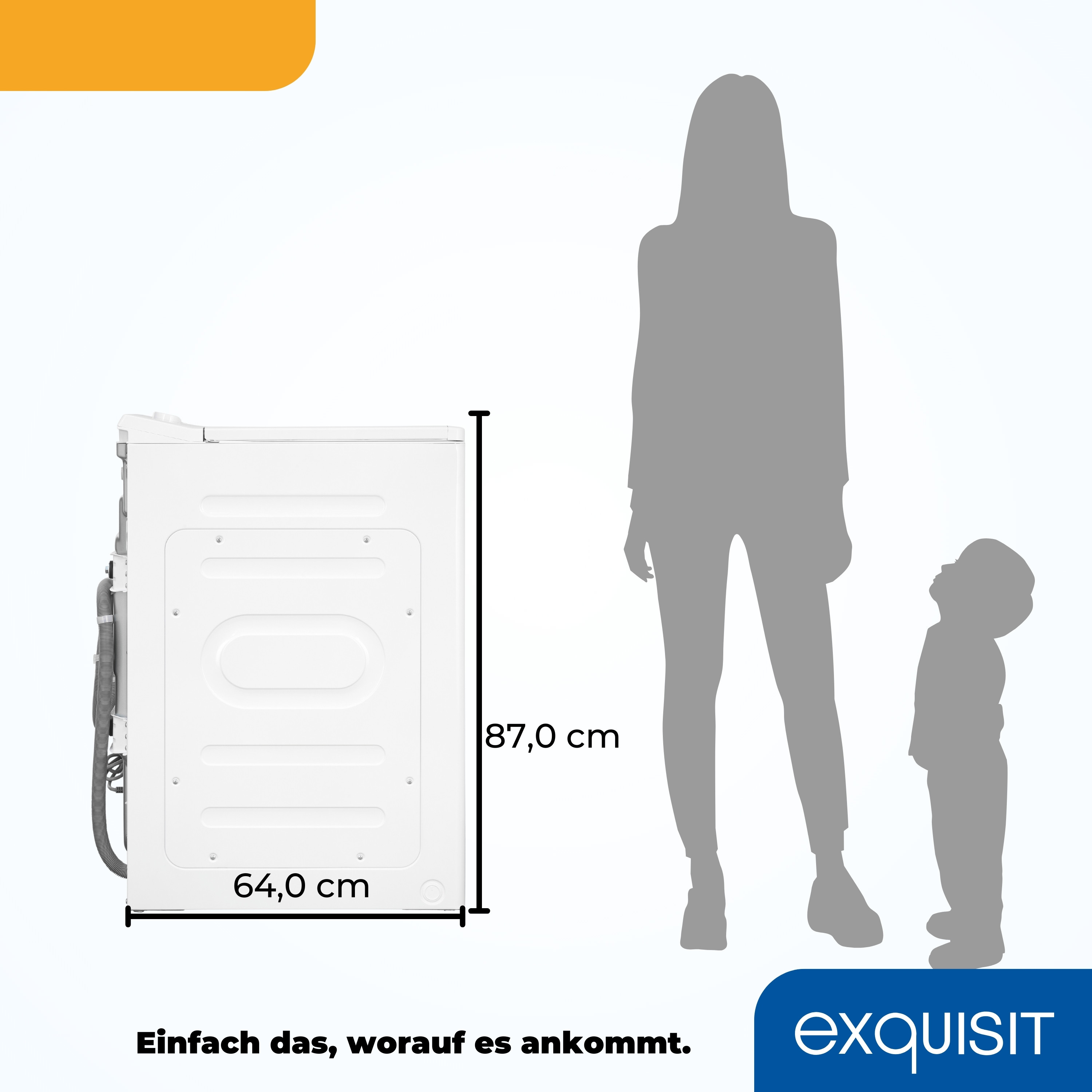 Weiße Waschmaschine mit Maßen. Eine Frau und ein Kind sind zur Größenbestimmung abgebildet.
