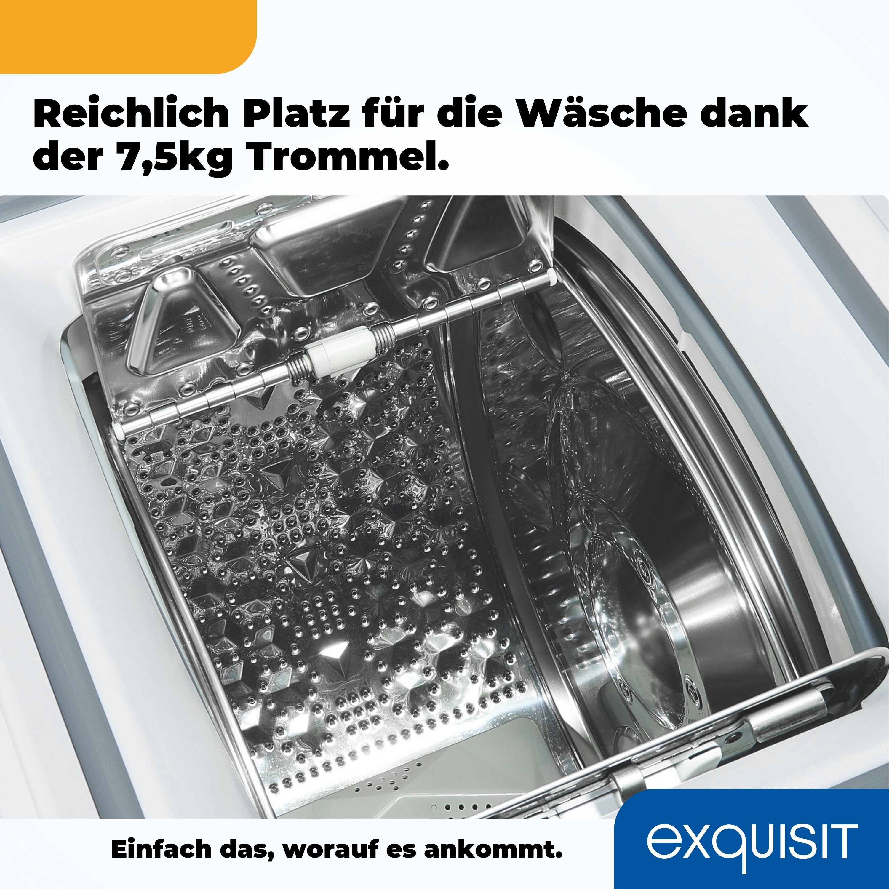 Waschmaschinen-Innenraum mit Edelstahltrommel. Text auf Deutsch.