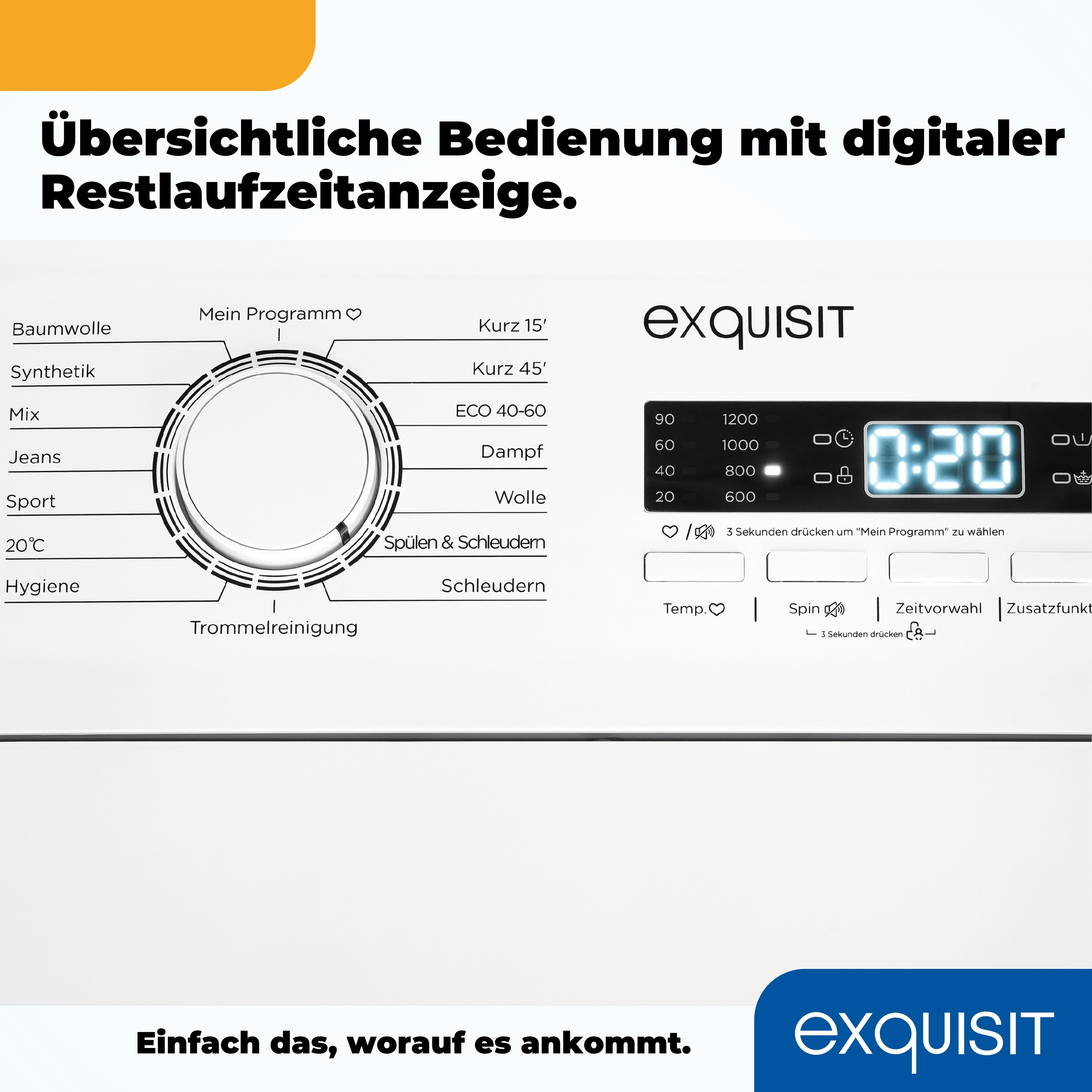Ein Waschmaschinen-Bedienfeld mit Text auf Deutsch. Es hat eine digitale Anzeige.