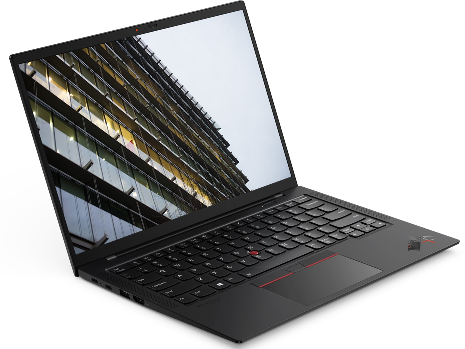 Schwarzer Laptop mit offenem Bildschirm, der eine Gebäudeansicht zeigt, auf weißem Hintergrund.
