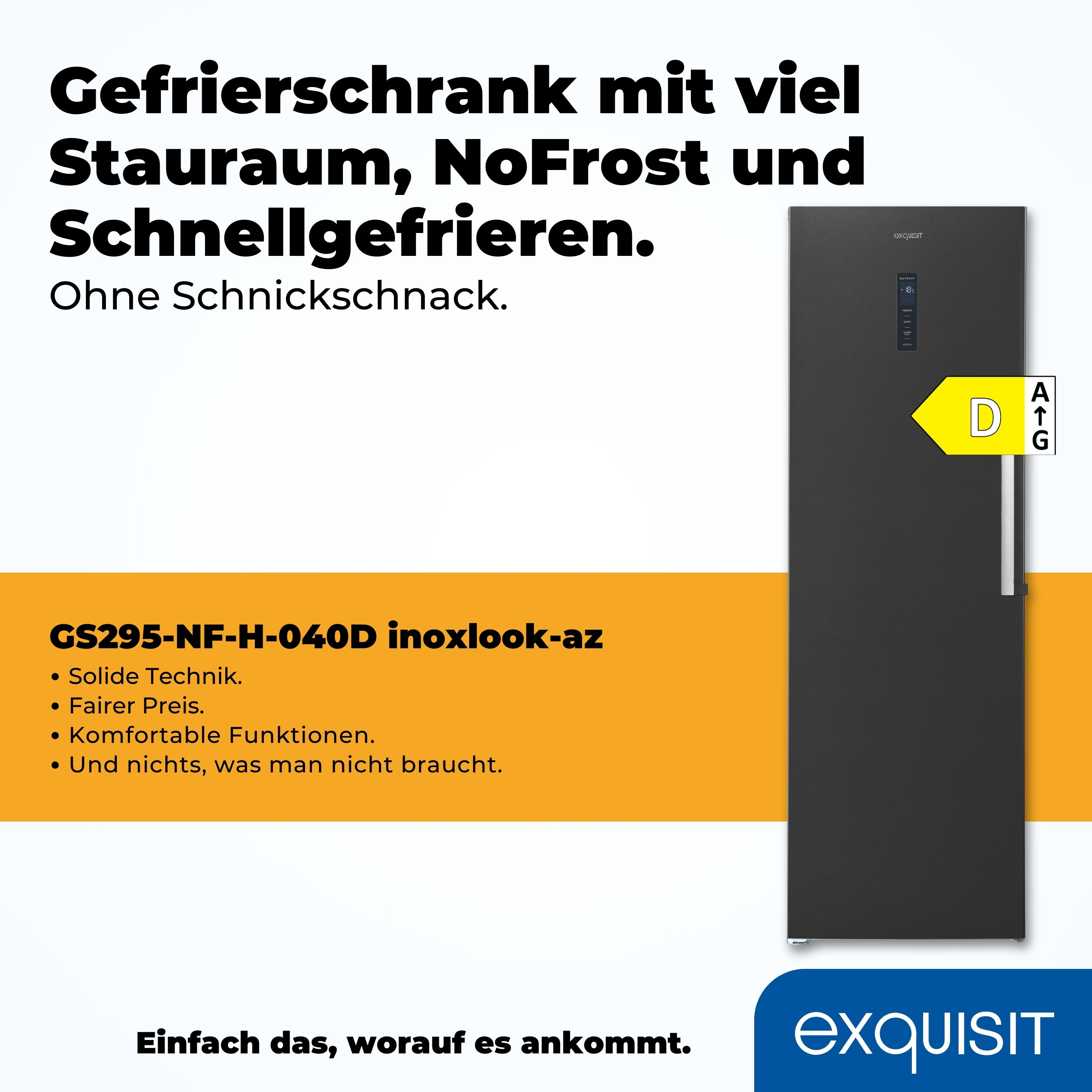 Schwarzer Kühlschrank auf gelbem Hintergrund, mit Text. Enthält Produktdetails und Markenlogo.