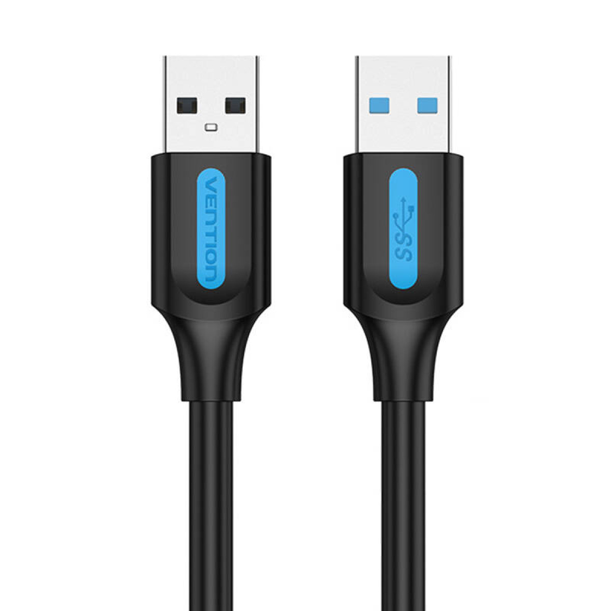 Due cavi USB neri con loghi USB e Vention su sfondo bianco. Ognuno ha un dettaglio blu.
