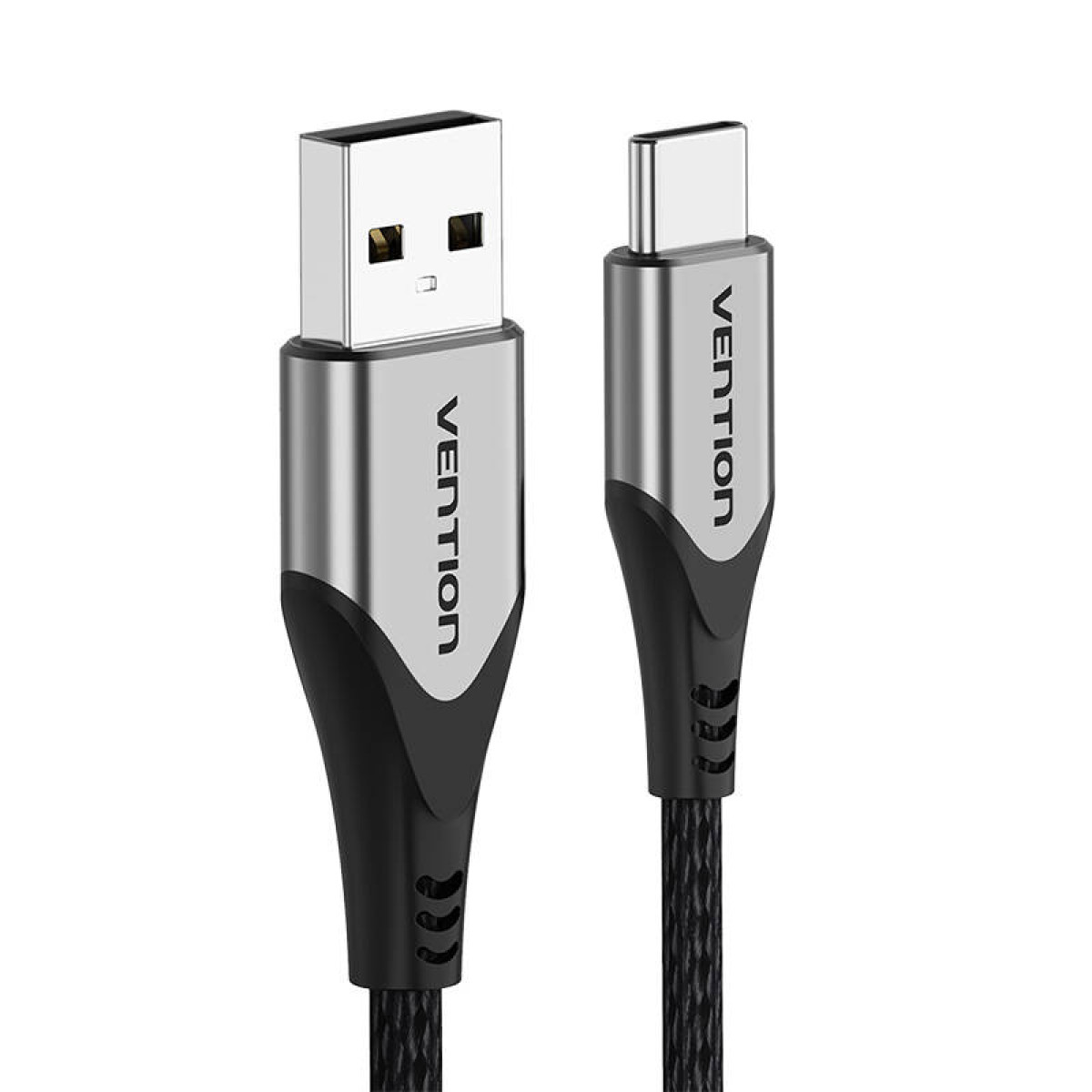 Kabel ładujący USB do USB-C. Jeden koniec to USB, drugi USB-C. Kabel jest czarny i srebrny.