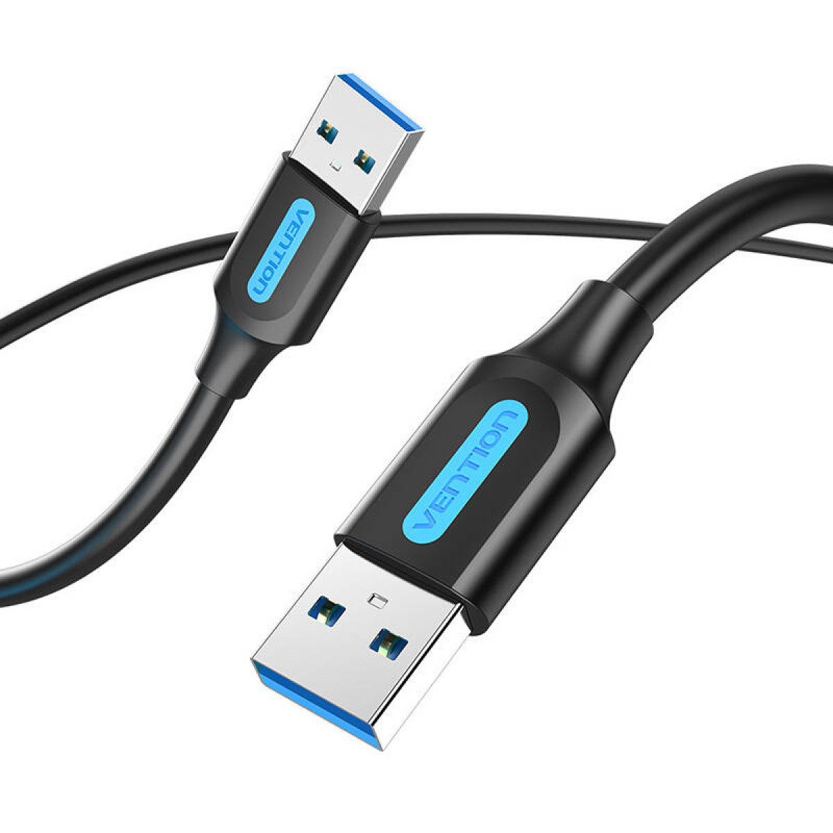 Czarny kabel USB z niebieskimi akcentami, marką Vention, białe tło.