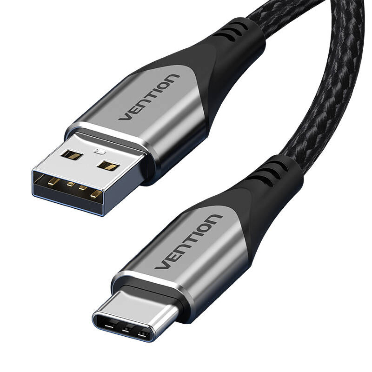 Kabel USB do USB-C. Widoczne są oba końce, jeden USB, jeden USB-C, z logo „Vention” na obu złączach.